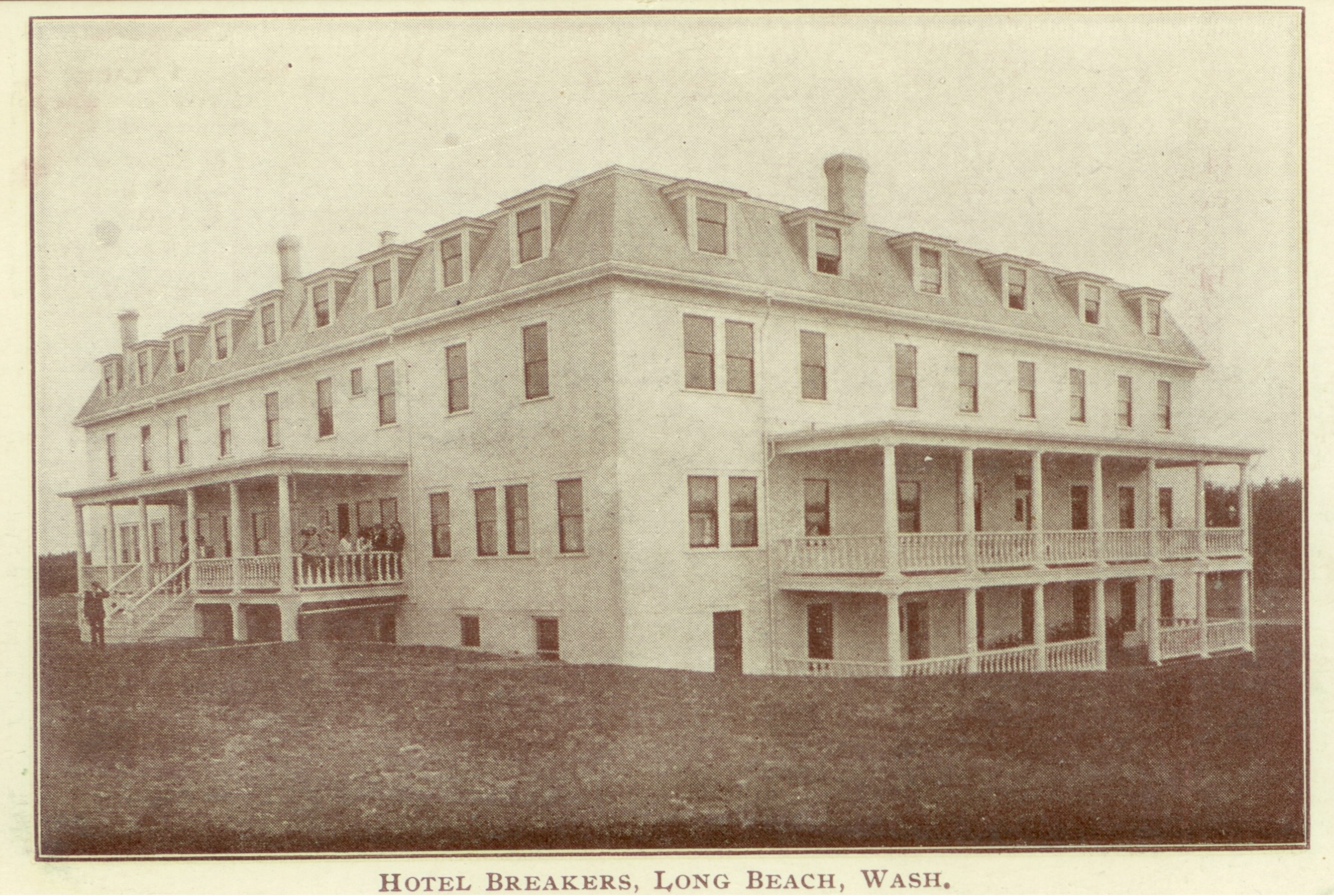 Breakers Hotel at Long Beach, Washington, looking inland from a beach dune. (The beach has moved considerably further to the west since this photo was taken.)