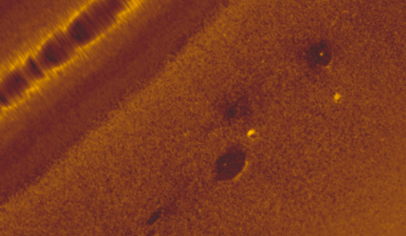 Side scan sonar image created in 2022 showing circular impressions in the seafloor appx. 12 miles west of Cape Flattery, WA. Believed to be the side paddlewheels of the steamboat Pacific, sunk November 4, 1875.