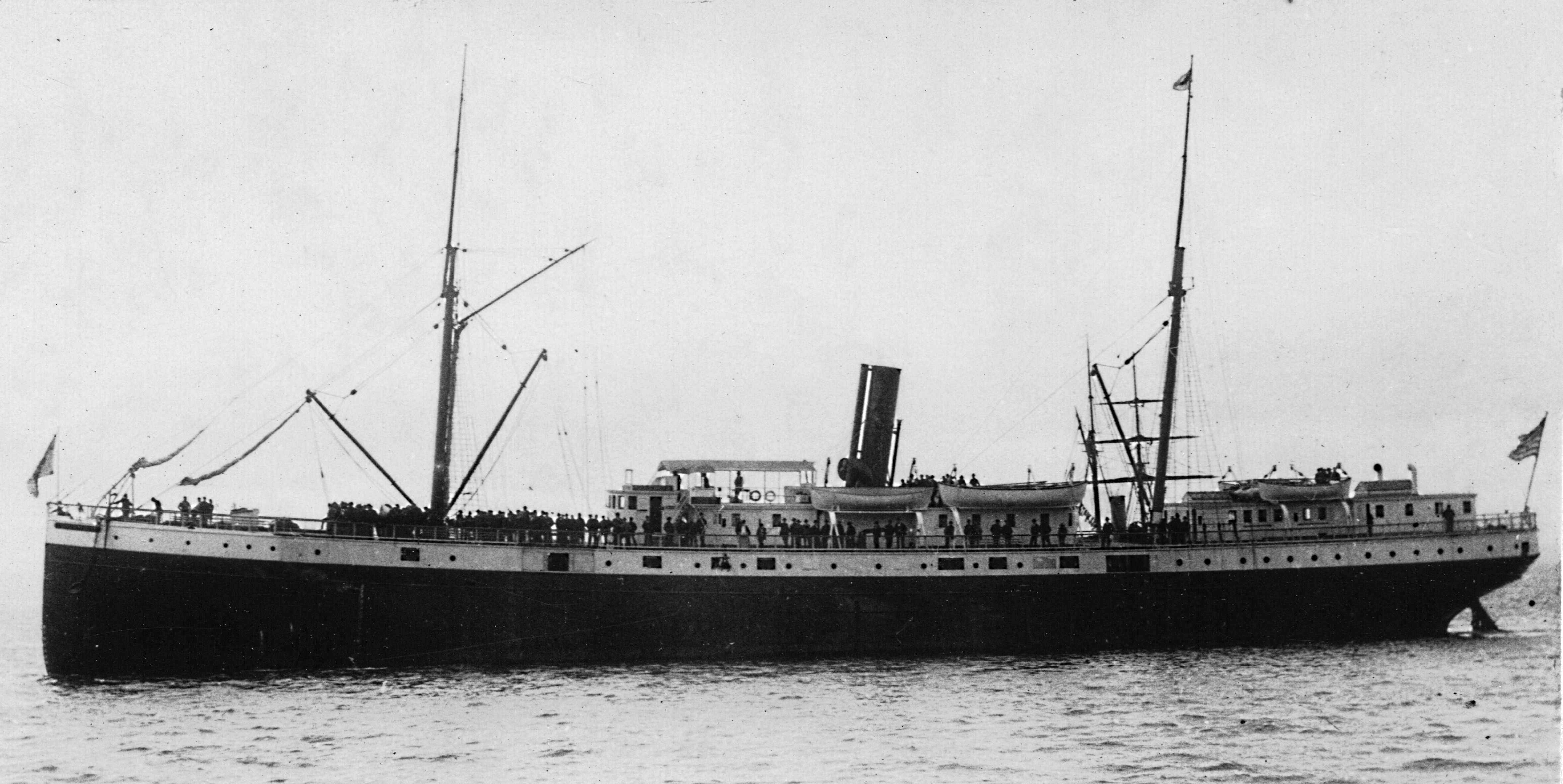 This is a photograph of SS Valencia around 1900, during her service with the Pacific Steam Whaling Company. This ownership would end in 1901 and would be transferred to the Pacific Coast Steamship Company. Five years later, Valencia sank in one of the worst maritime accidents in the Pacific Northwest, killing over 130 people.