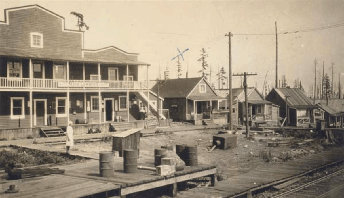 The Mayo Lumber Co. offices stand next to the train tracks in Paldi, late 1920s.