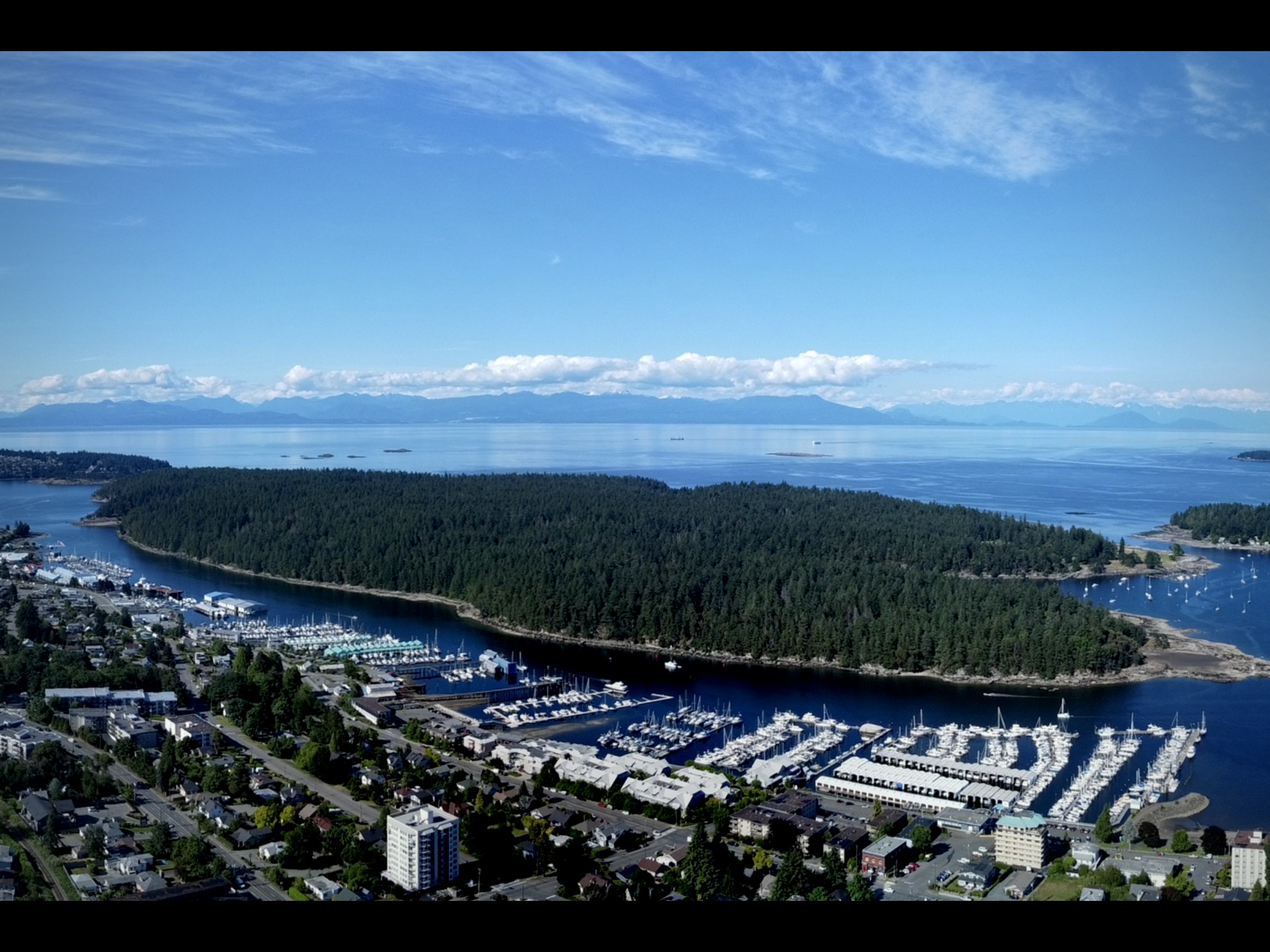 An aerial drone shot of Newcastle Island, British Columbia