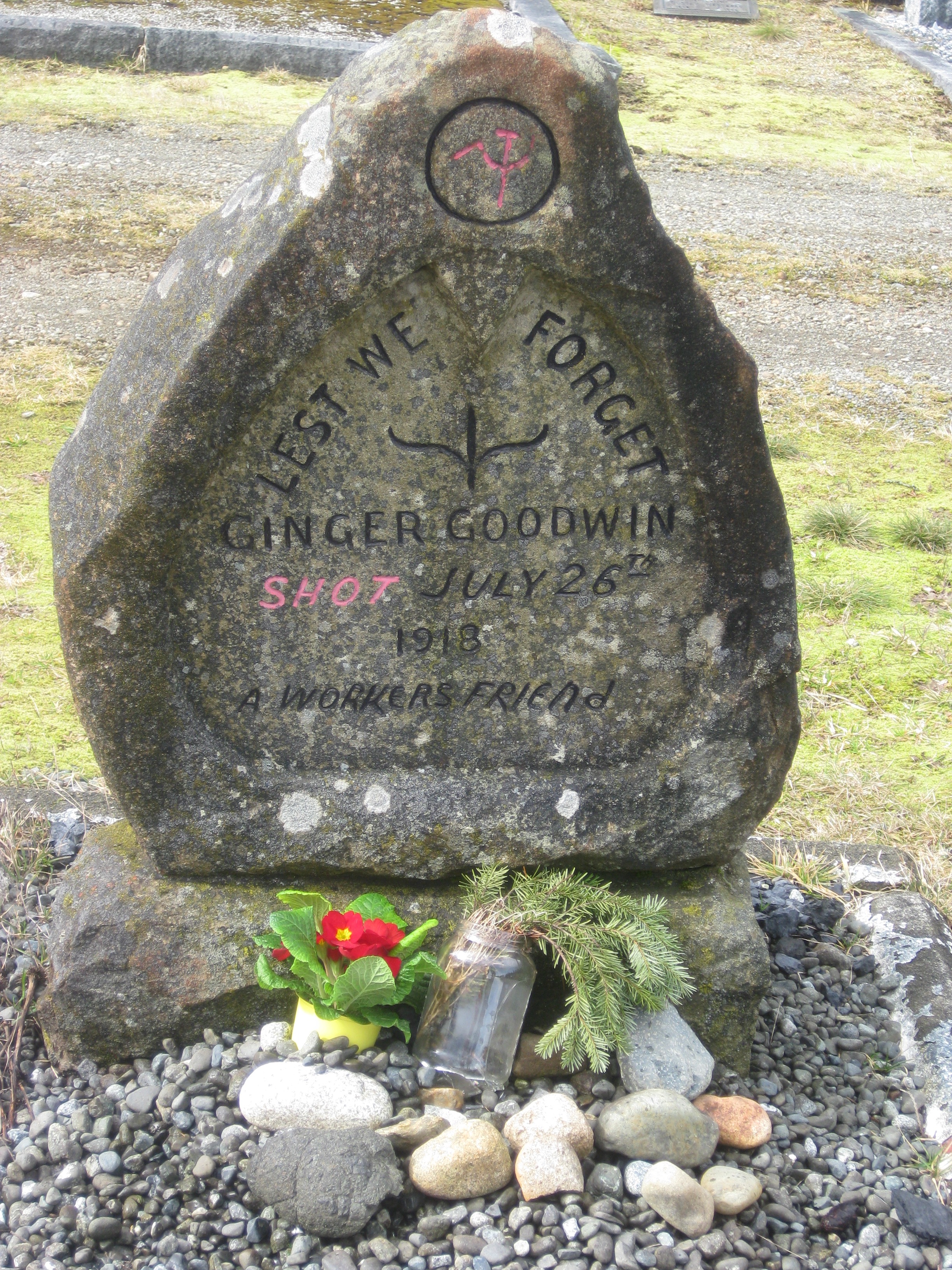 Headstone of Albert "Ginger" Goodwin at the Cumberland Municipal Cemetery in Cumberland, British Columbia. Note that the date on the headstone is inaccurate.