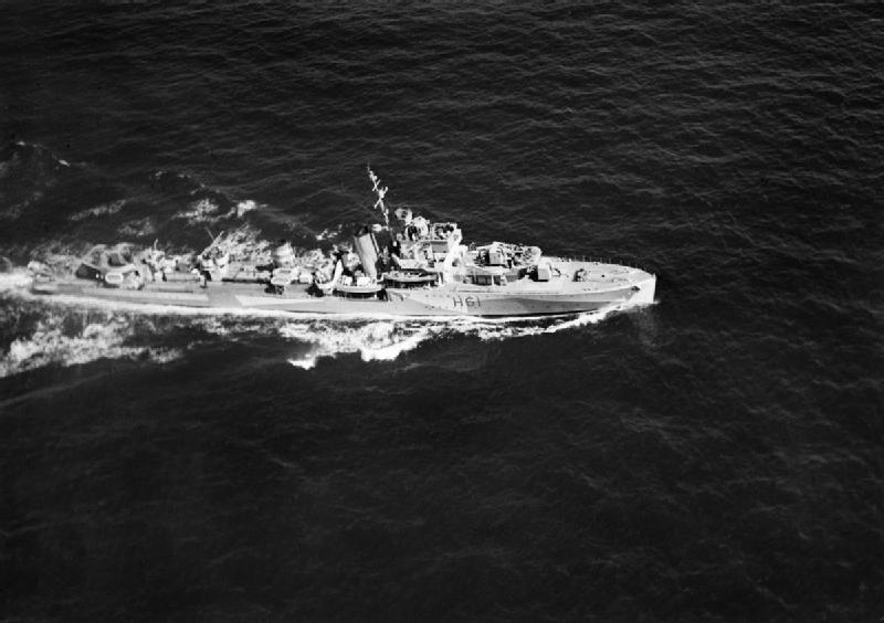 Aerial photograph of Royal Navy destroyer HMS Express under way. She was transferred to the Royal Canadian Navy as HMCS Gatineau in 1943.