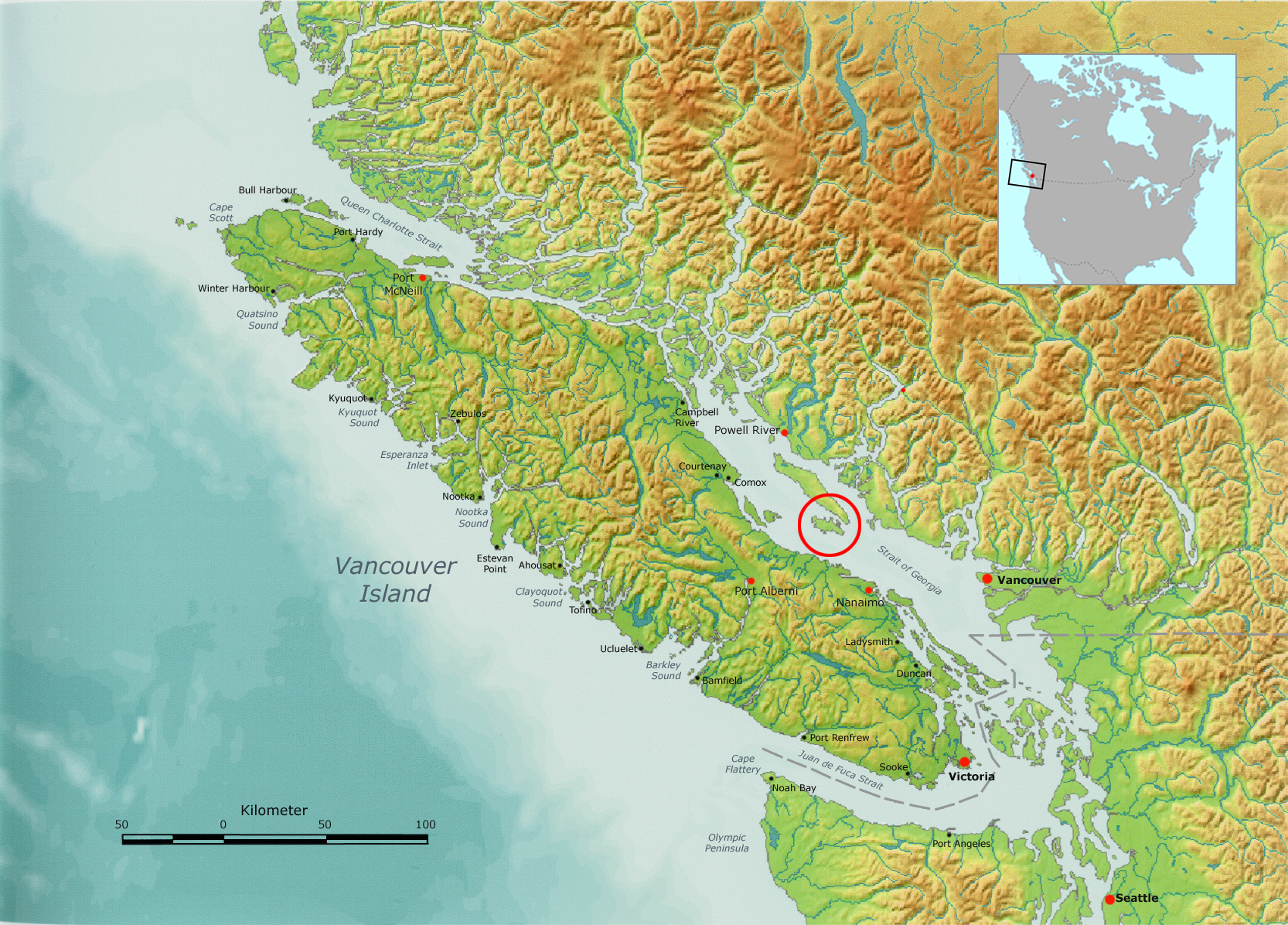 Vancouver Island, with Lasqueti Island circled in red. National borders also included.