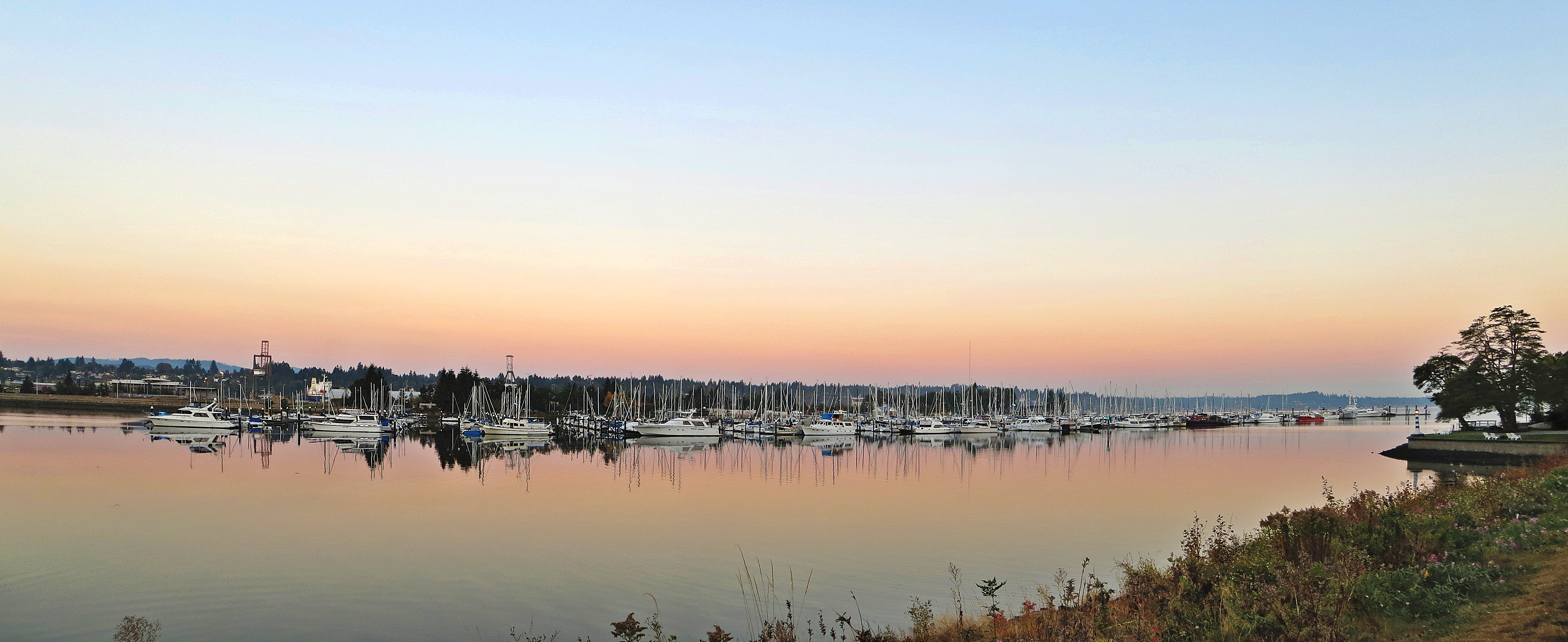 Panoramic of East Bay, Puget Sound, showing Swantown Marina, in Olympia, Washington.