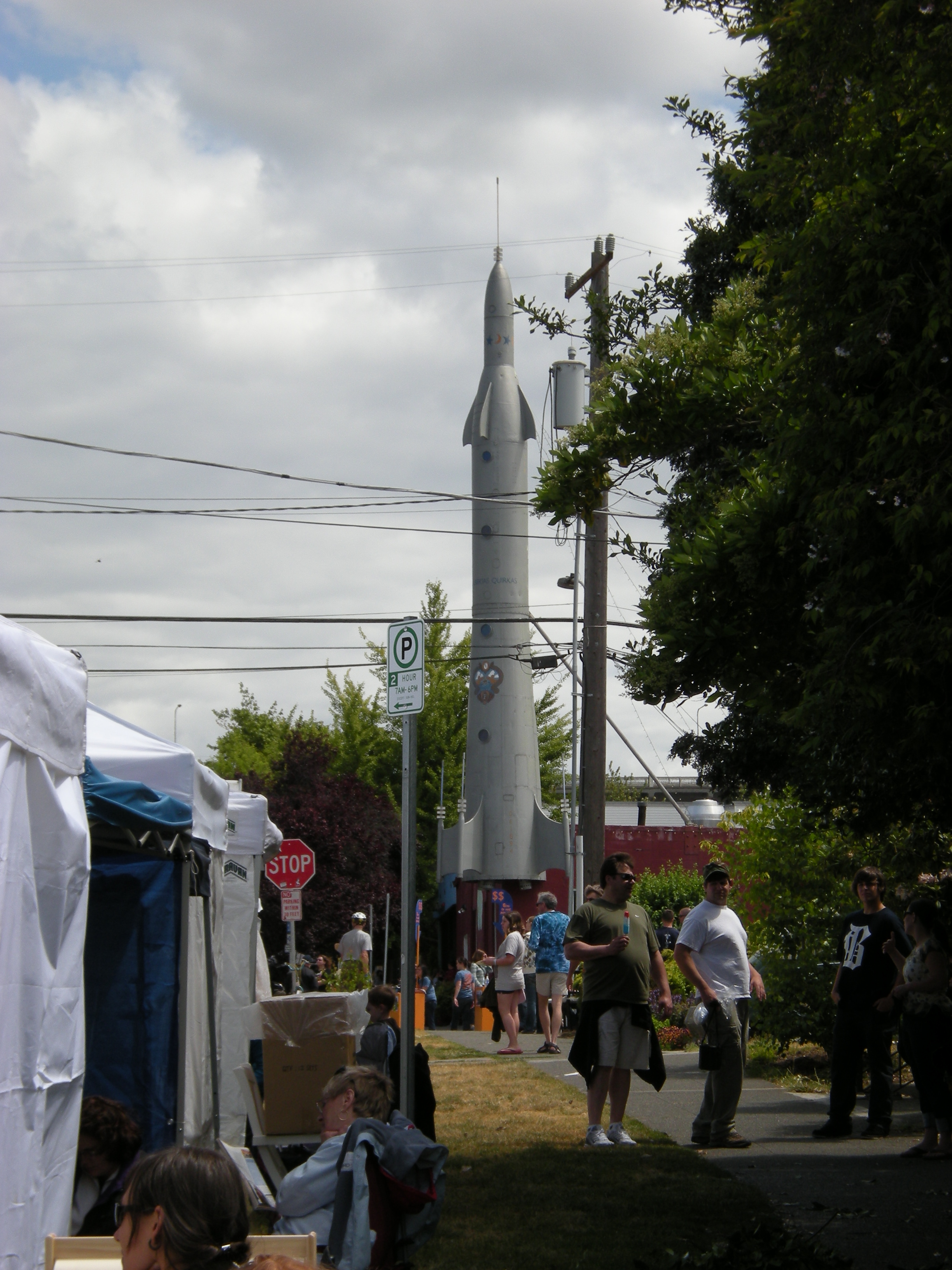 Fremont Rocket, Fremont, Seattle, Washington. It is not a real rocket, but a Fairchild C-119 tail boom modified to resemble a missile. It was rescued from a defunct downtown Seattle surplus store, and is now a symbol of the Fremont neighborhood.