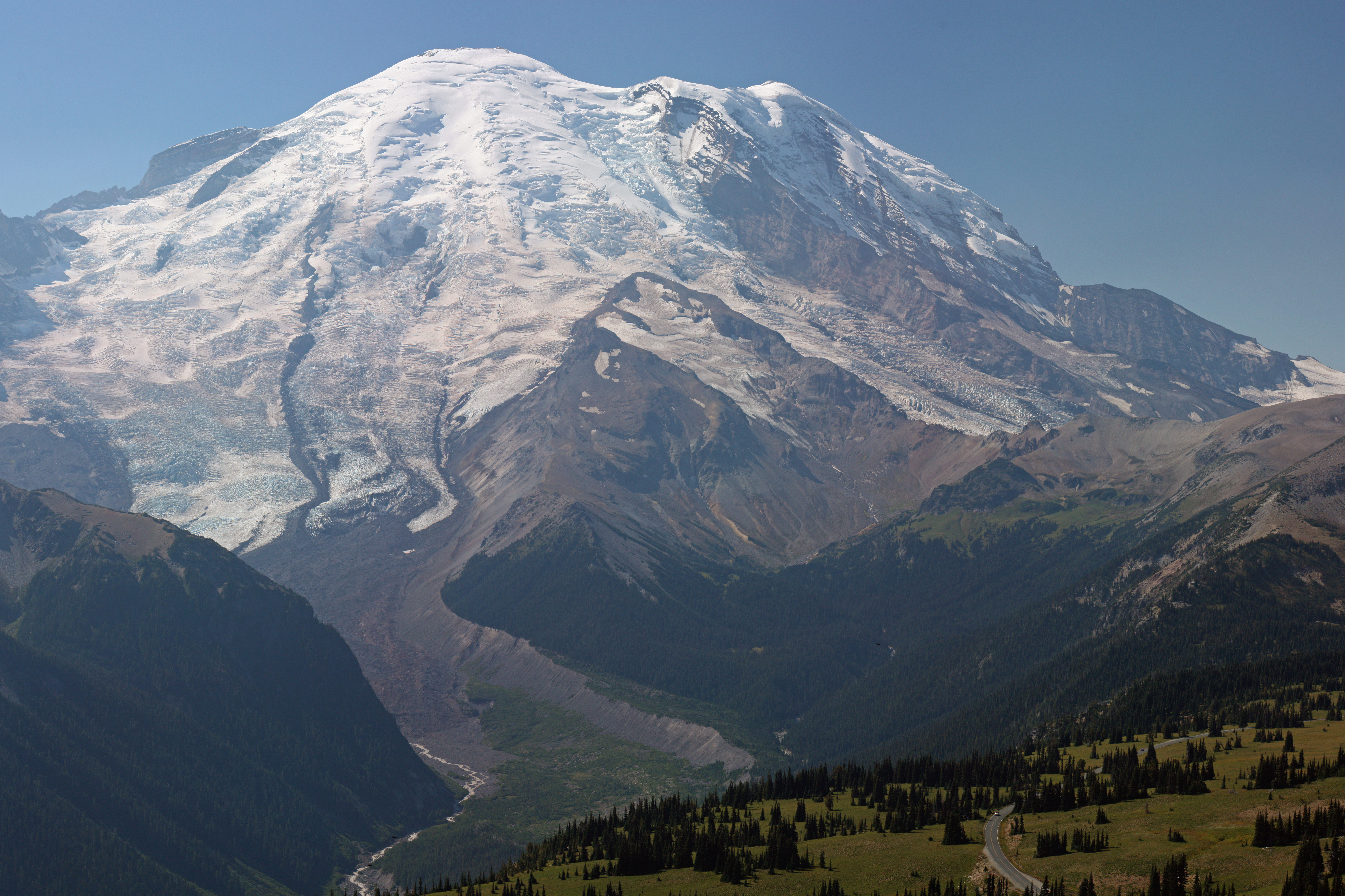 Mount Rainier (14,411 ft, 4392 m); Steamboat Prow (9720+ ft, 2963+ m, right of center); Emmons Glacier (left); Winthop Glacier (right of Steamboat Prow); Curtis Ridge (behind Winthop Glacier); stitched panorama; please see "Other versions" for source images.  This  image was created with Hugin.
Viewpoint location: Dege Peak Spur Trail, Mount Rainier National Park
Viewpoint elevation: 2117 meter (6945 ft)
View direction: 244°
Location source: Garmin GPSmap 60CSx
Location Datum: WGS84