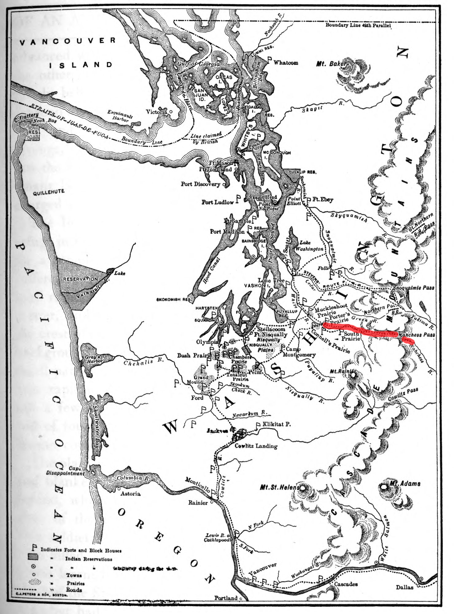 Naches Trail in Washington Territory circa 1855. Base map in Snowden et al. History of Washington: The Rise and Progress of an American State, Century Publishing 1909.