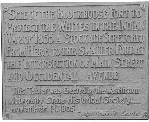 Text engraved on plaque: Site of the blockhouse fort to protect the whites in the Indian War of 1855 A stockade stretched from here to the smaller fort at the intersection on Main Street and Occidental Avenue. This tablet was erected by the Washington University State Historical Society.... November 13, 1905. Eagle Brass Fdy Seattle . Caption on image: 343. Peiser . Peiser 343
Subjects (LCTGM): Plaques--Washington (State)--Seattle; Historical markers--Washington (State)--Seattle