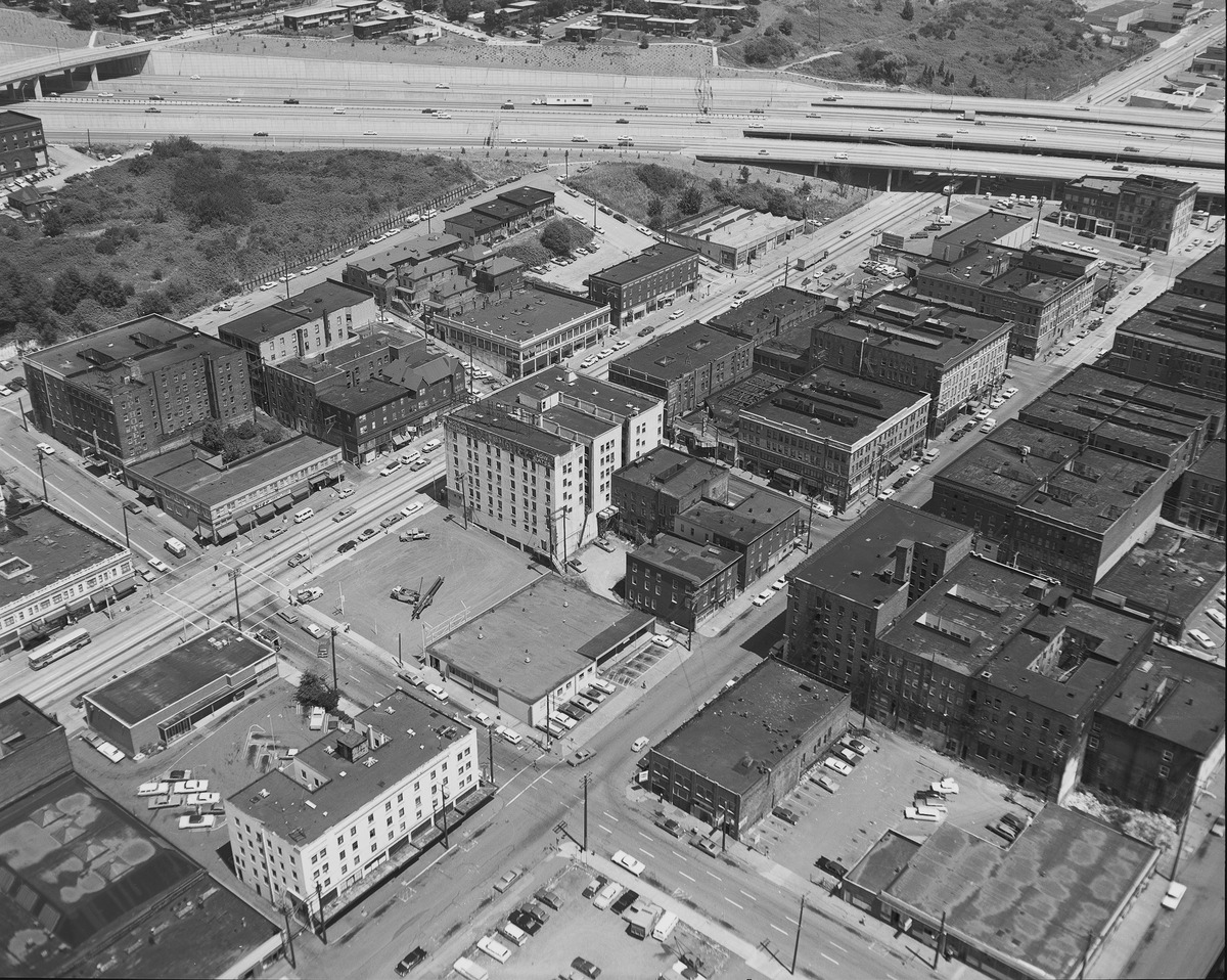Aerial of International District, Seattle, Washington, 1969.
