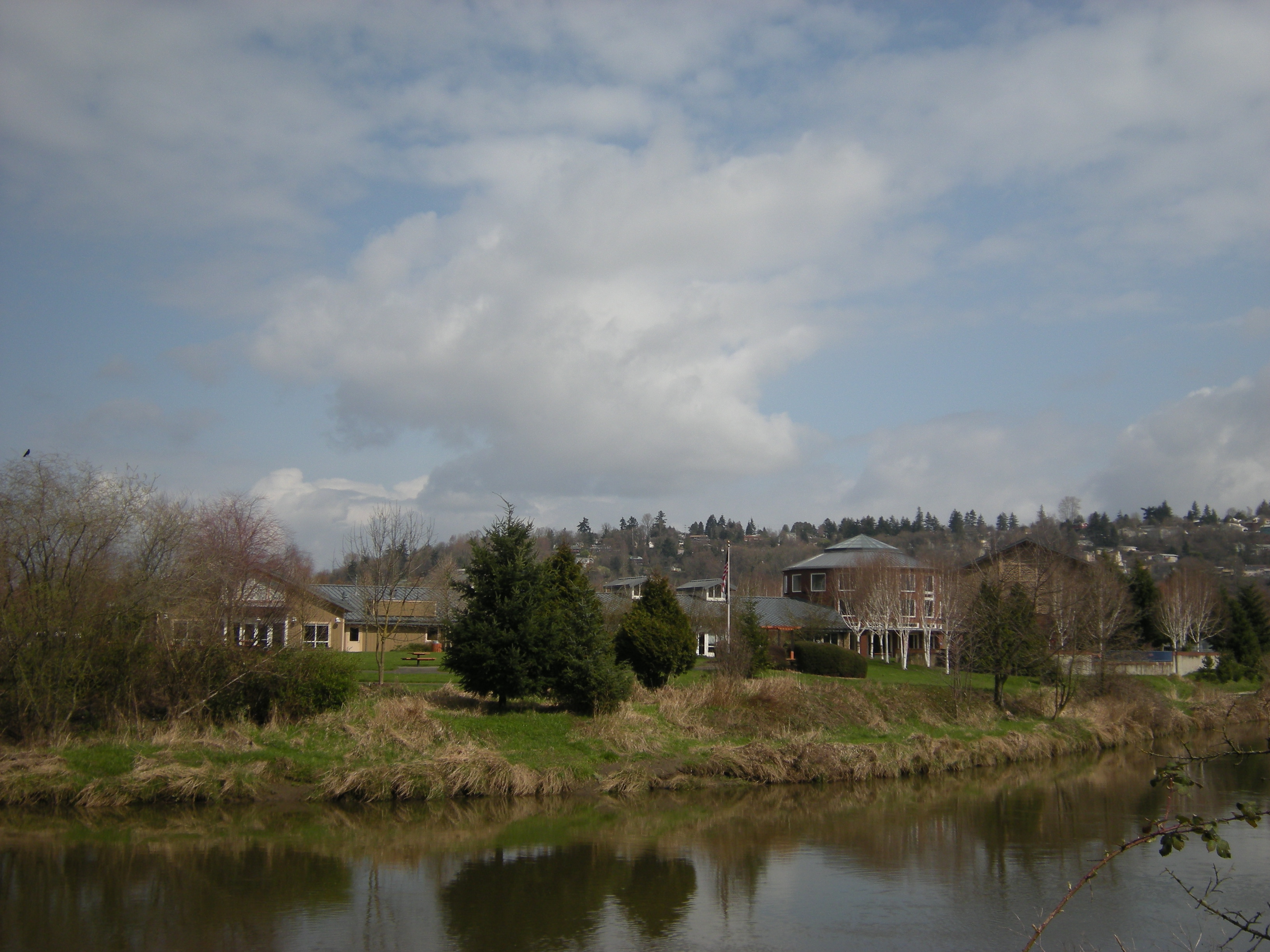 City of Tukwila Community Center, Tukwila, Washington, seen from the Green River Trail across the upper portion of the Duwamish River.