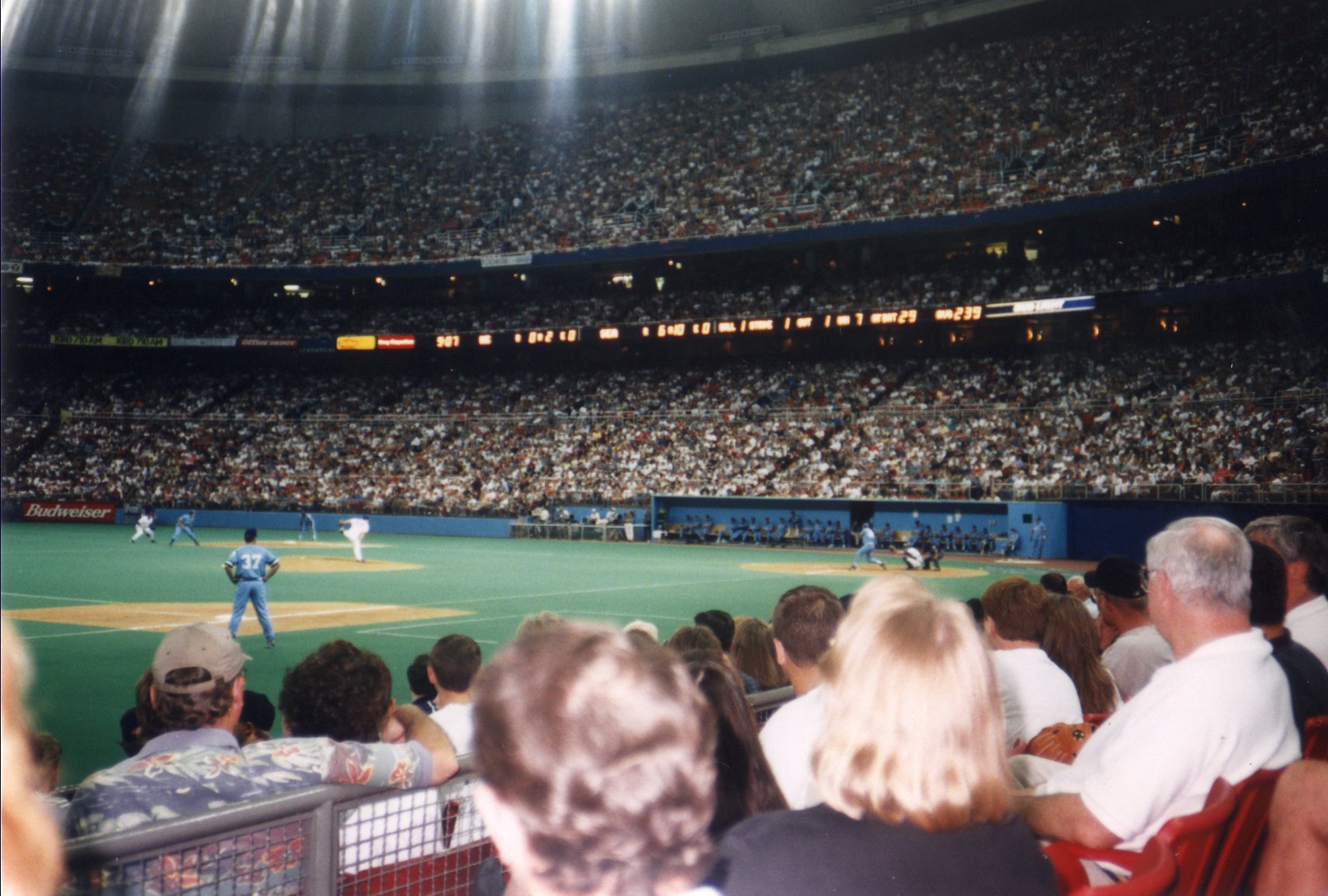 Inside the Seattle Kingdome during a 1996 Major League Baseball game between the Seattle Mariners and the Kansas City Royals.