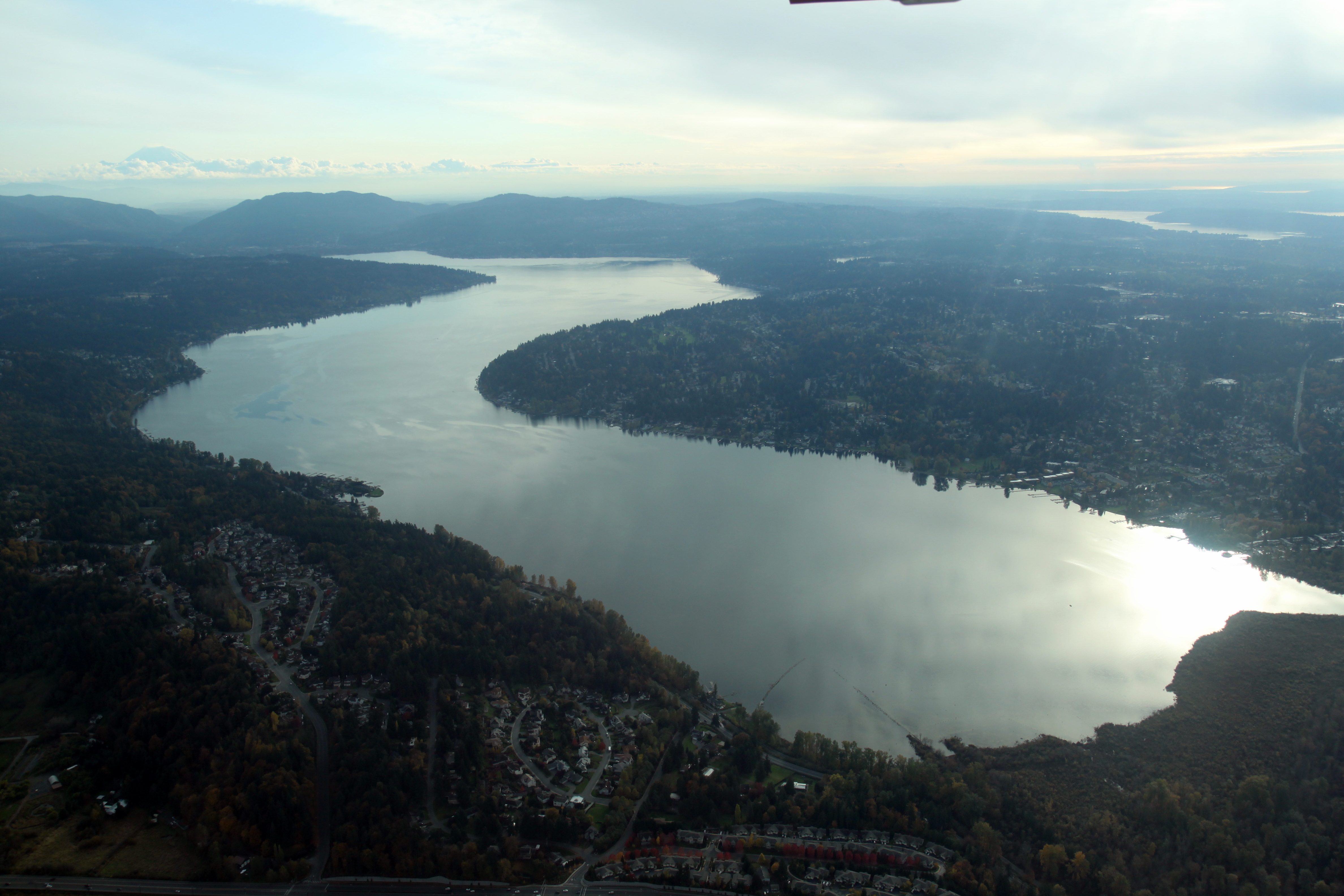 An aerial view of Lake Sammamish from its north end, looking south.