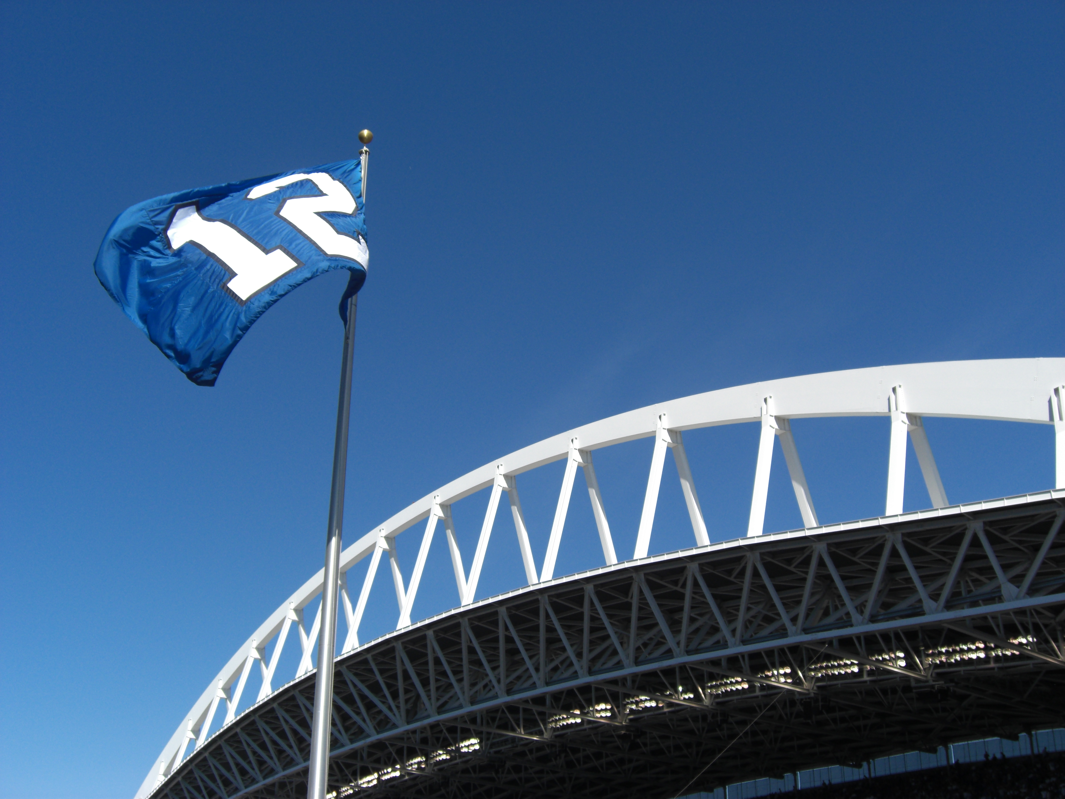 Picture of the 12th Man Flag at CenturyLink Field (formerly known as Qwest Field) in Seattle, WA during an NFL game of the Seattle Seahawks vs. Tampa Bay Buccaneers.