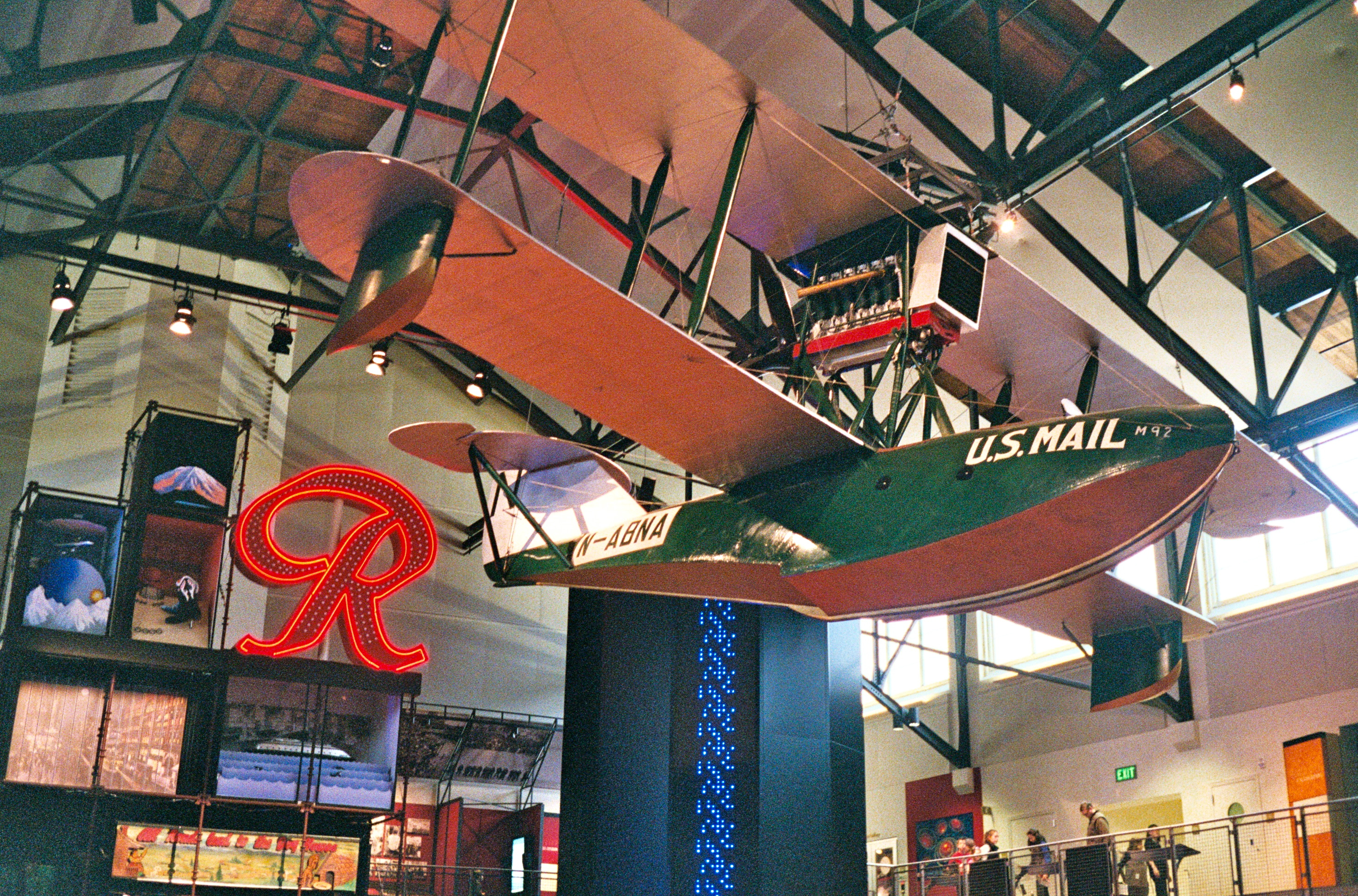 Boeing Model 6 at the Museum of History and Industry in the Naval Reserve Armory building, Seattle, Washington. Rainier Brewing Company trademark R sign in the background