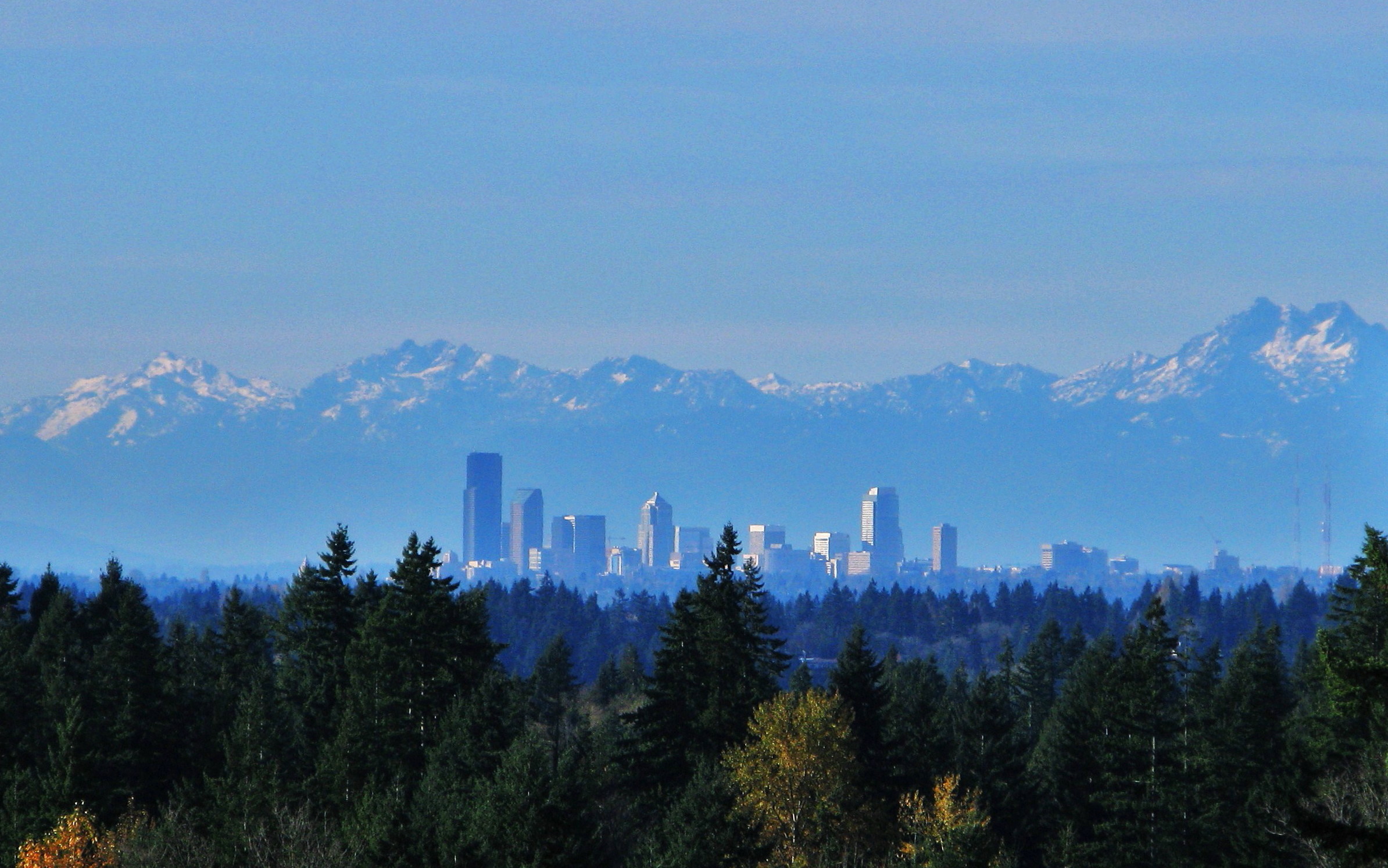 Downtown Seattle, with the Olympic Mountains in the background, seen from Sammamish, Washington.