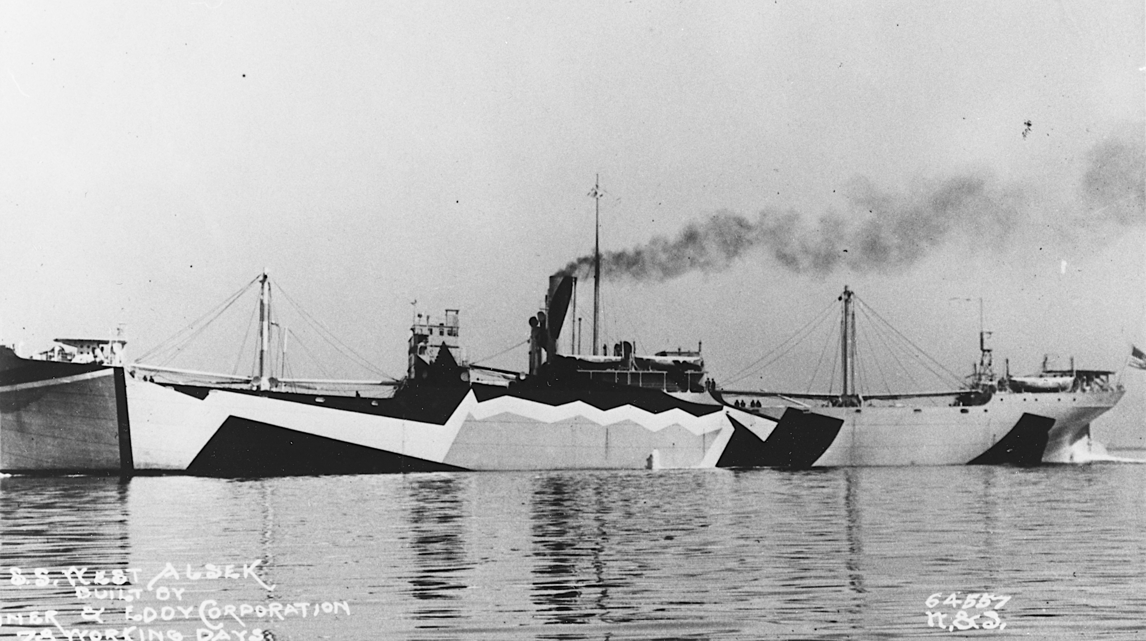 SS West Alsek (American Freighter, 1918)
Underway during builder's trials, off Seattle, Washington, on 4 June 1918, while painted in pattern camouflage.
Built in 78 working days by the Skinner &amp; Eddy Corporation, of Seattle, this steamship was acquired by the Navy on the day of her trials and placed in commission as USS West Alsek (ID # 3119). She was returned to the U.S. Shipping Board on 27 January 1919.
The original print is in National Archives' Record Group 19-LCM.

U.S. Naval Historical Center Photograph.