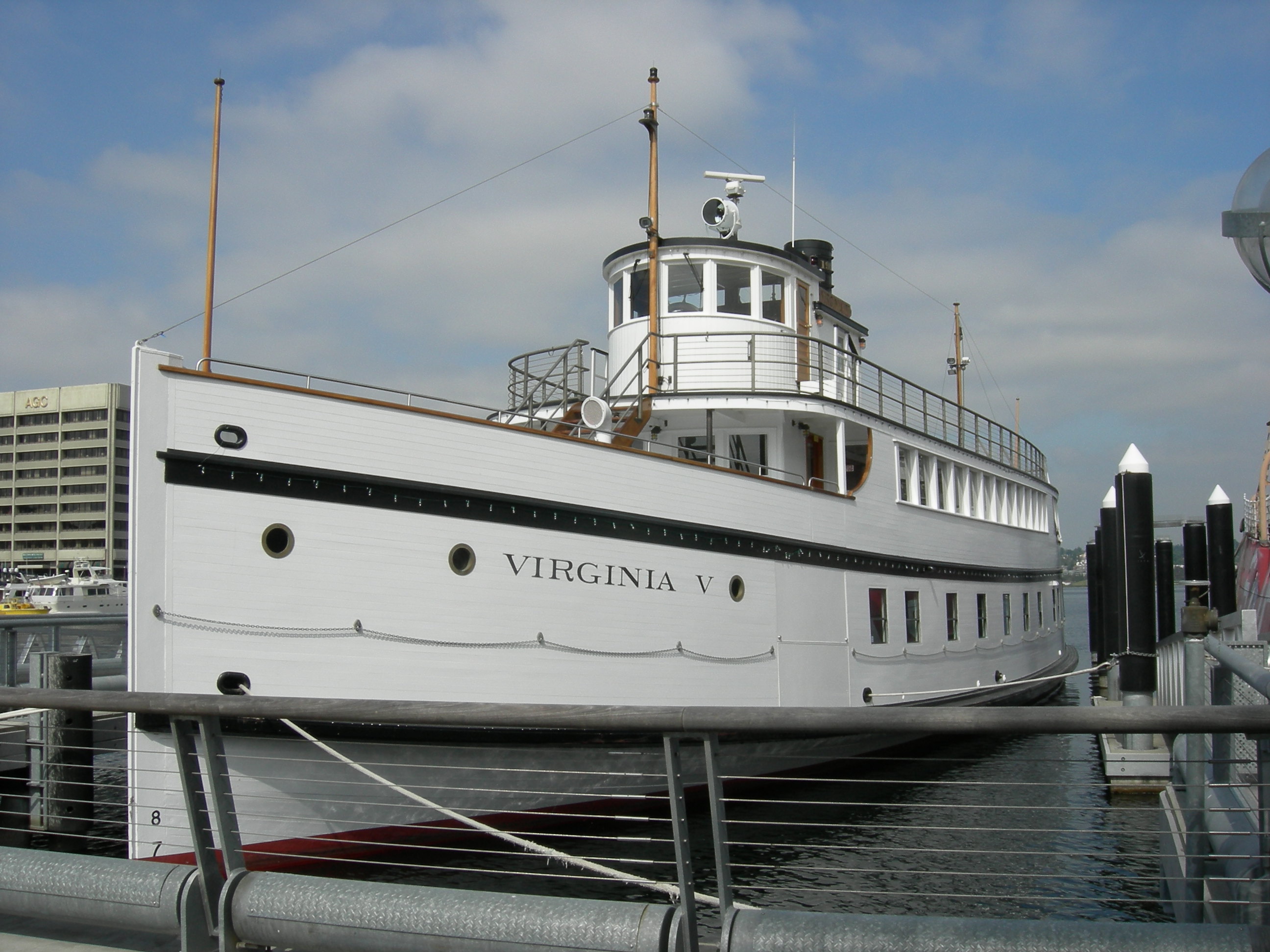 The steamer Virginia V, the last remaining steam-powered vessel from Puget Sound's once vast Mosquito Fleet, now owned by the non-profit Steamer Virginia V Foundation, with a home port at the Historic Ships Wharf, South Lake Union Park, Seattle, Washington, USA. Listed on the National Register of Historic Places (NRHP), ID #73001875. The boat also has city landmark status.