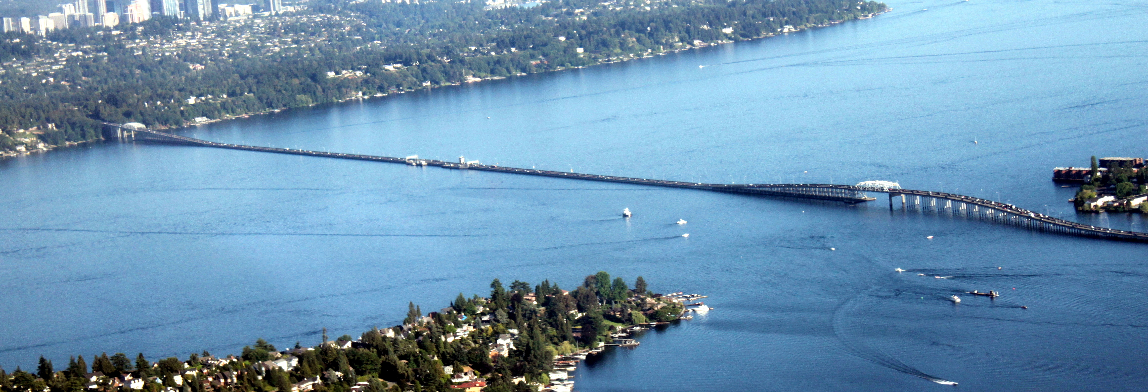 A picture of the Evergreen Point Floating Bridge (520 bridge) in Seattle, Washington, shot from about 1,500', looking south-east.