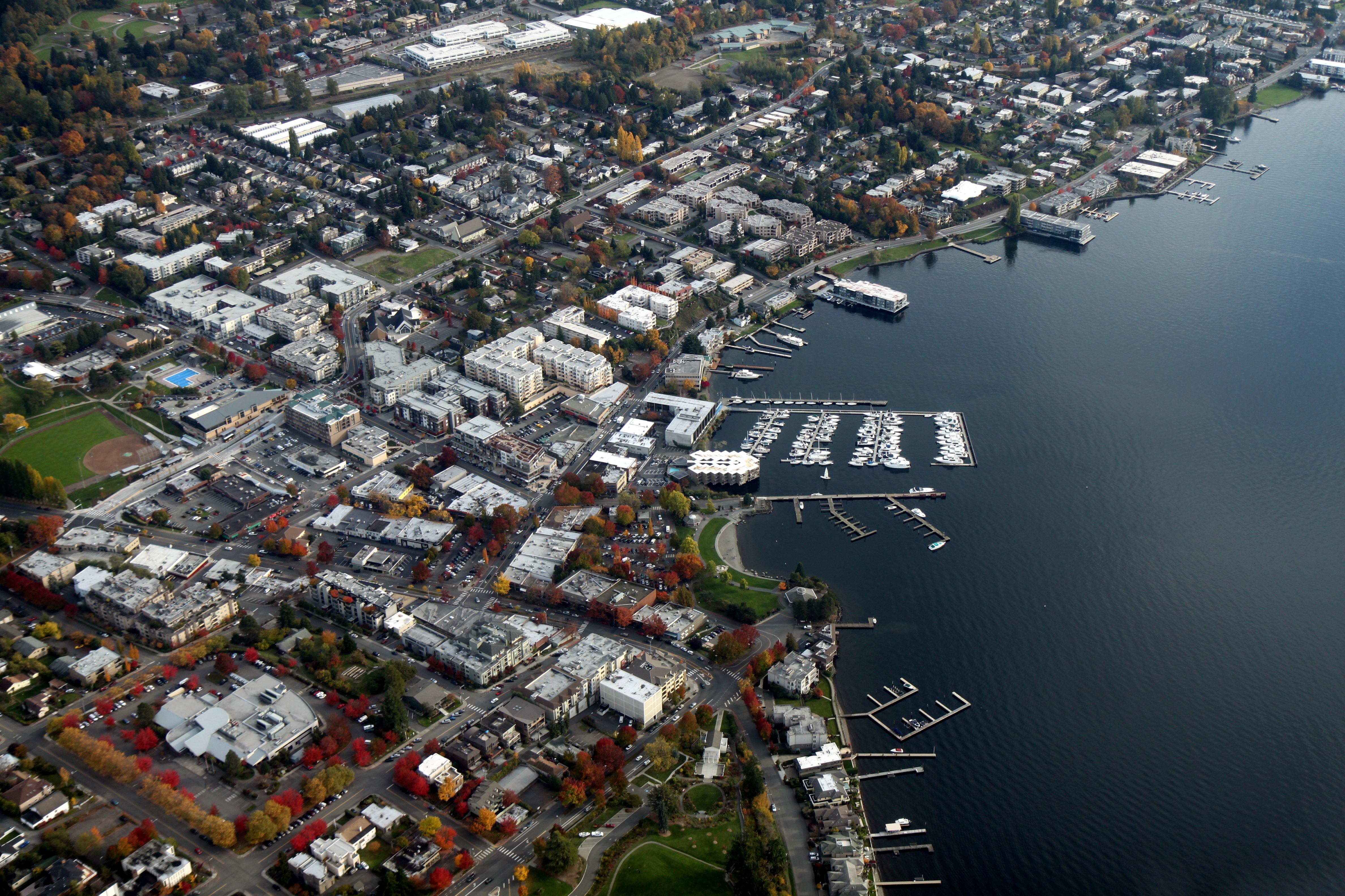 The downtown waterfront area of Kirkland, Washington, on the shores of Lake Washington.