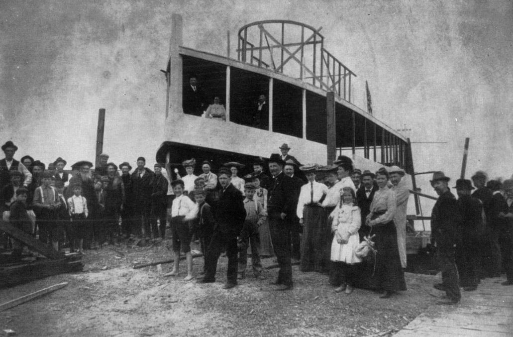 Anderson ship yard on Lake Washington, circa 1900.  The vessel under contruction was not identified in the source.