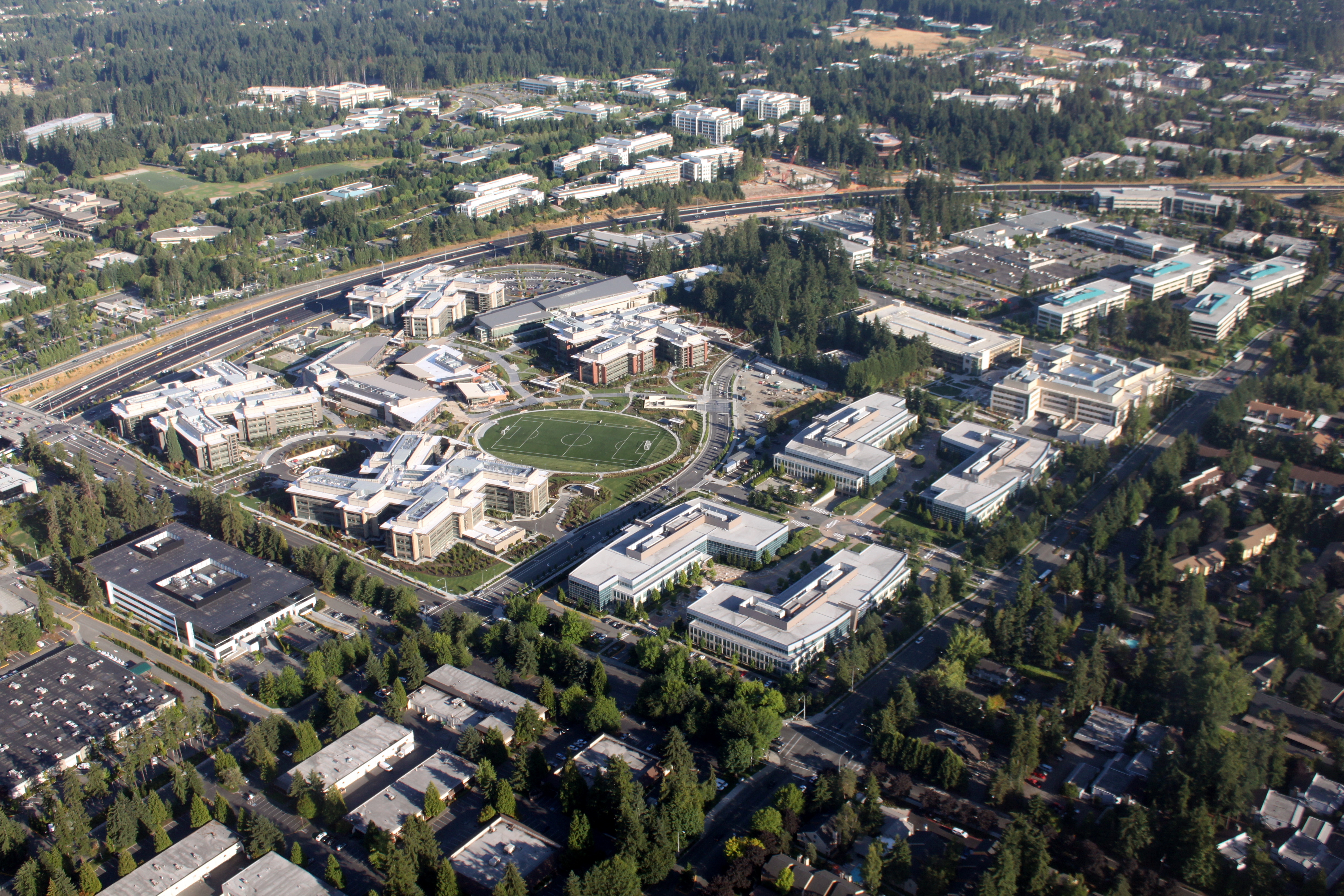 The west campus of Microsoft, Redmond, Washington, taken from about 1,500'.  The photo is looking south-east.  The west campus is bounded on the west by 148th Ave, on the east by SR 520, and on the north (foreground) by 40th St.