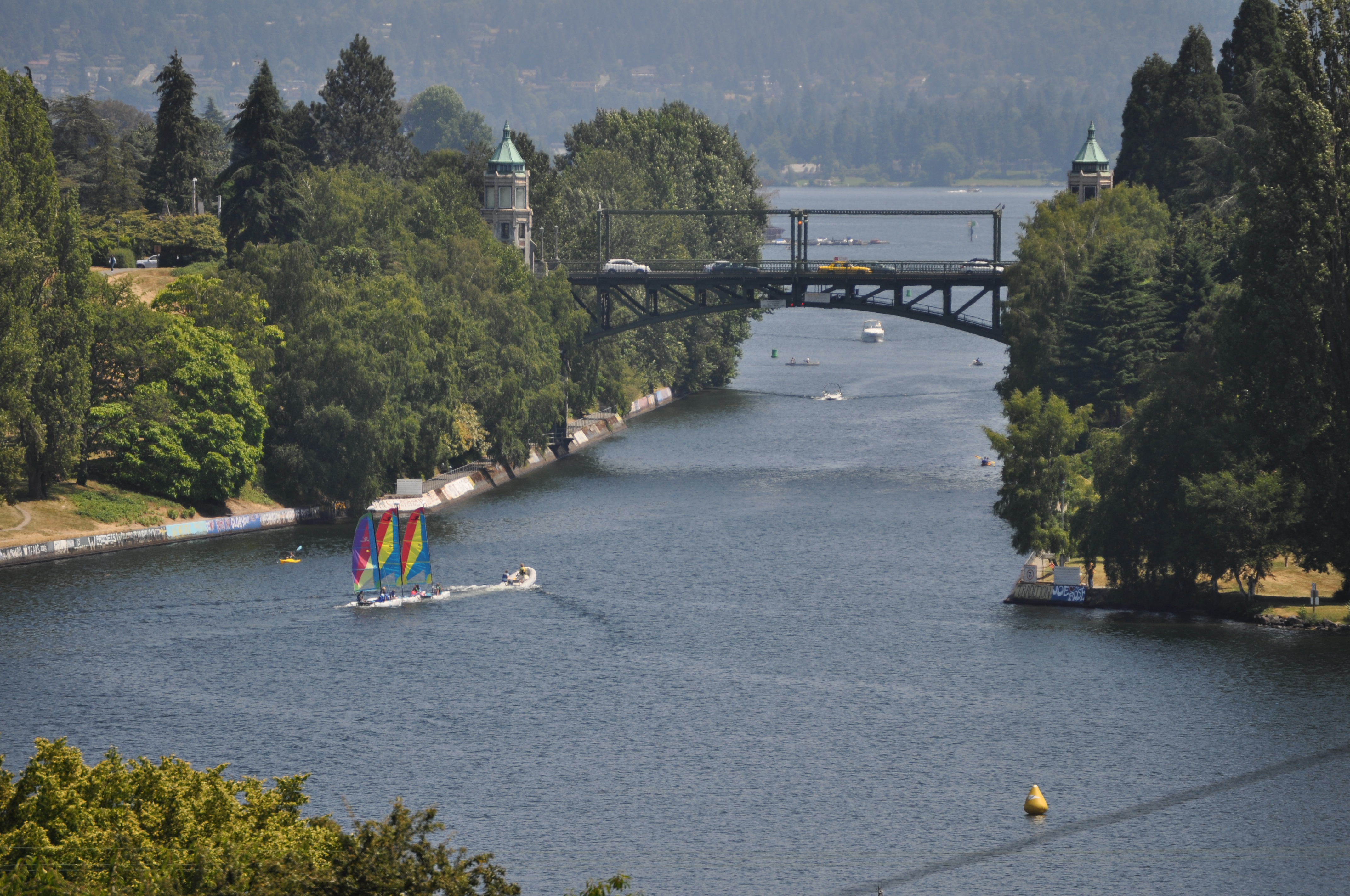 The Montlake Cut of the Lake Washington Ship Canal and Montlake Bridge, seen from the corner of E. Shelby St. and 10th Ave E. near the north end of Capitol Hill, Seattle, Washington.