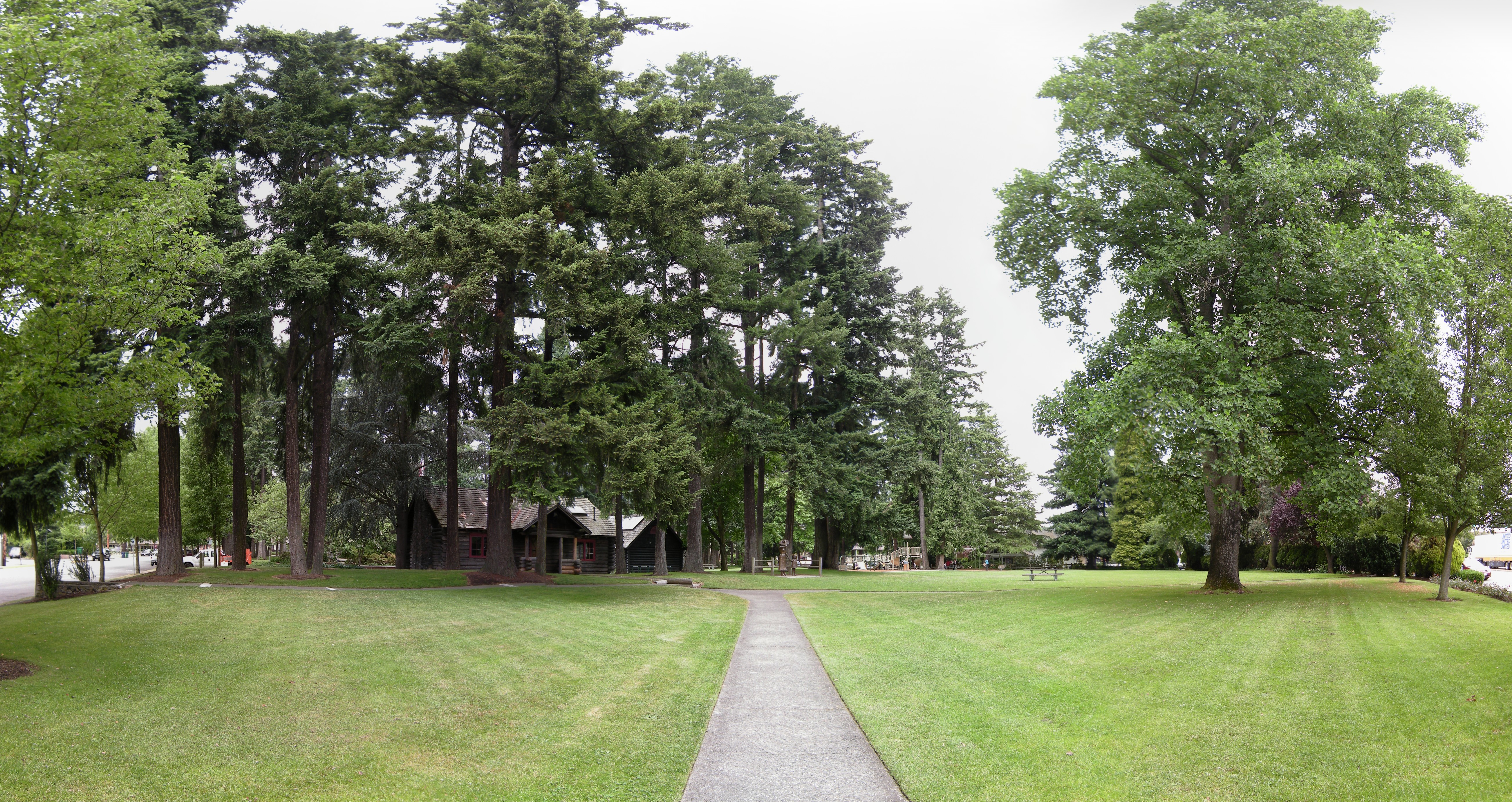 Panoramic view of Anderson Park (formerly Redmond City Park), 7802 168th Ave NE, Redmond, Washington. The park is listed on the National Register of Historic Places. There are several log buildings in the park, two of which were built by the WPA.

 This  image was created with Hugin.