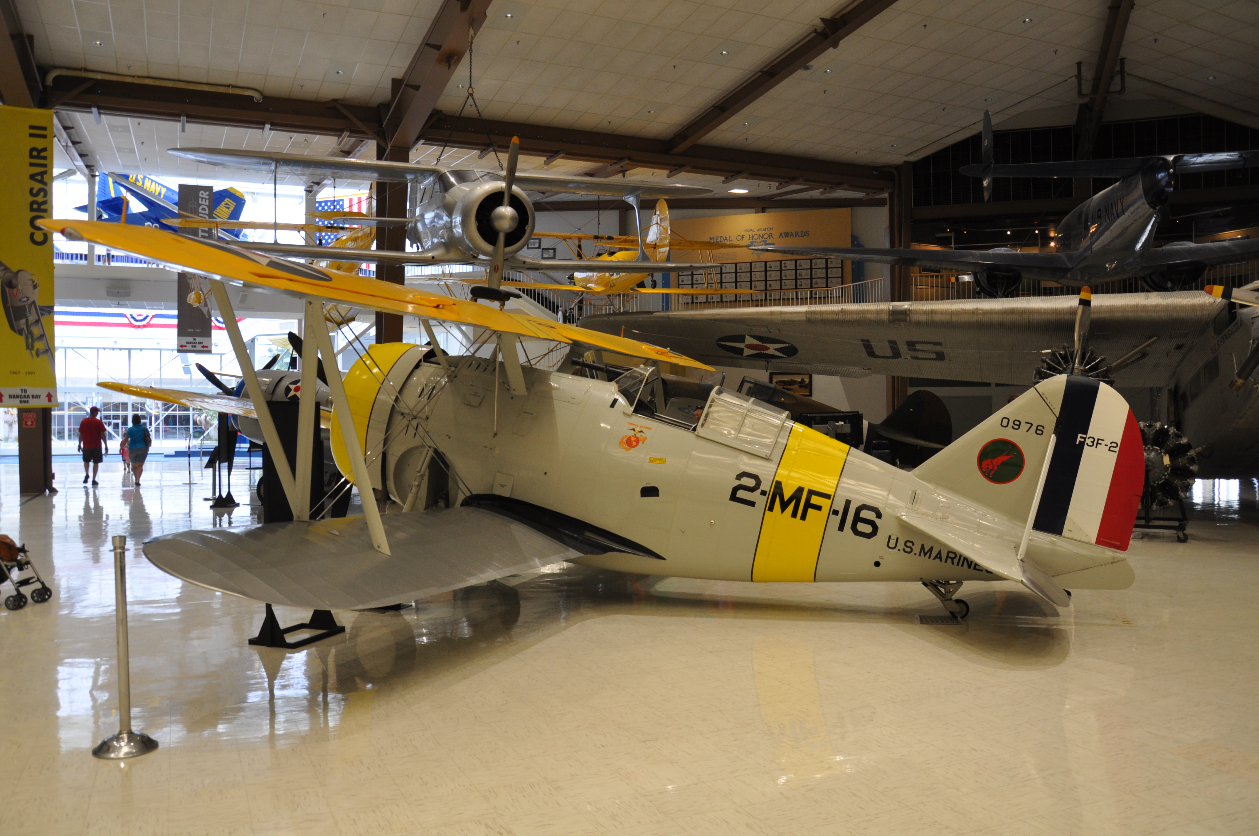 Grumman F3F-2, BuNo 0976, ditched by 1st Lt. Robert Galer, 29 August 1940, after engine failure due to fuel pump problems off California, discovered 1988, retrieved 1991 and restored by the San Diego Aerospace Museum, on display at the National Museum of Naval Aviation, NAS Pensacola, FL. Photographed 28 June 2014.