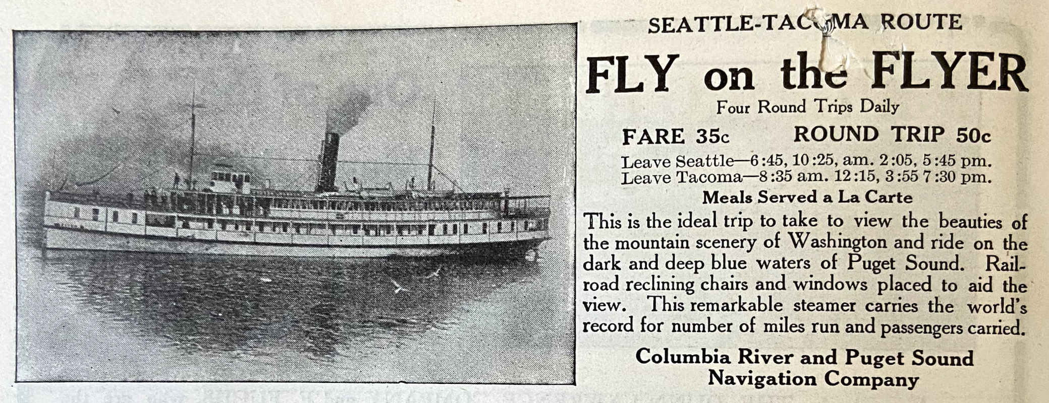 Columbia River and Puget Sound Navigation Co 1906 advertisement showing times and rates