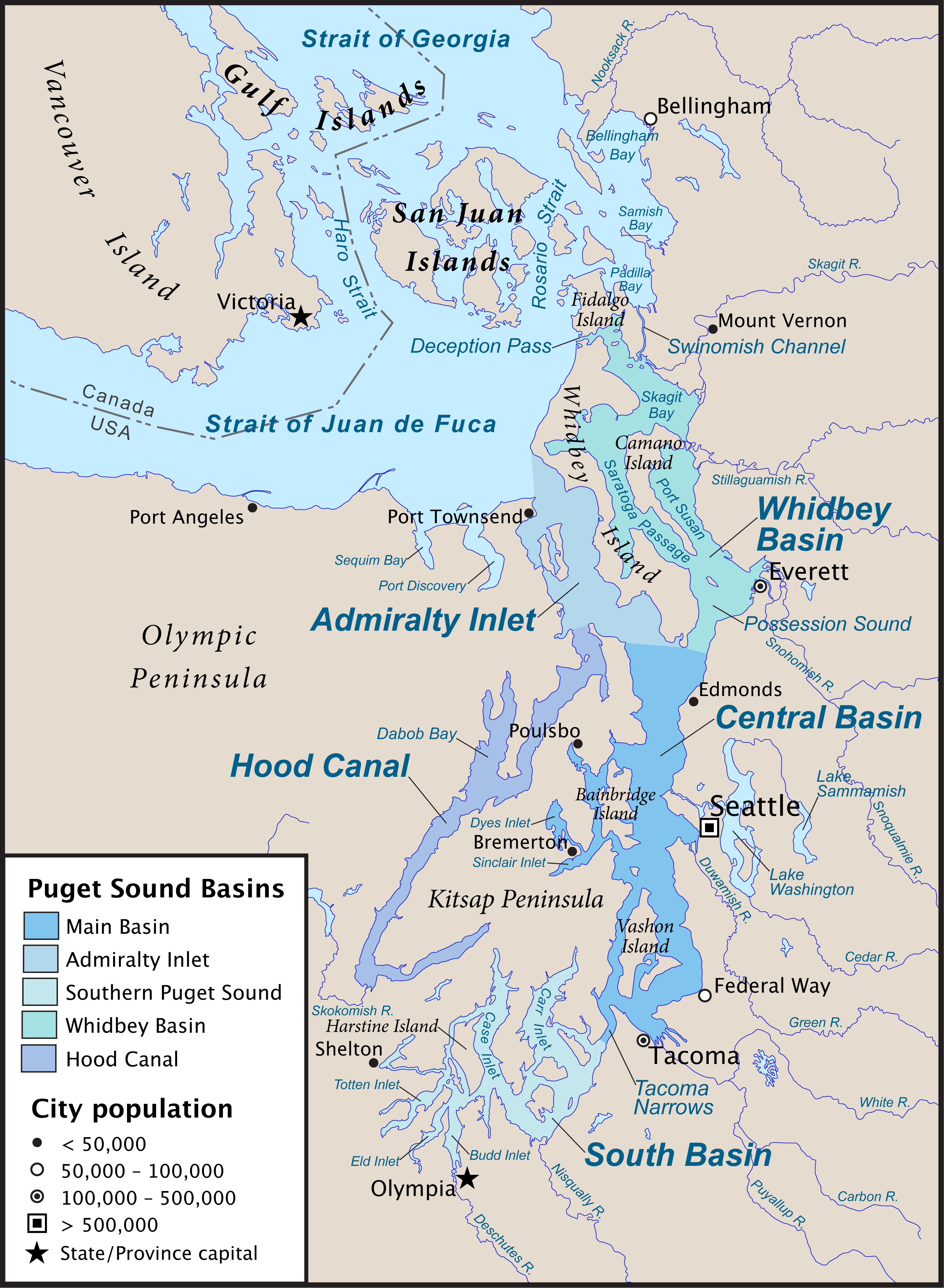 Map of Puget Sound and its main basins, along with the Canada-US border. Created with ArcExplorer and Adobe Illustrator. Based on GeoBase and The National Map data. There is a SVG version (currently messed up) here, File:Map-pugetsound-vector.svg.