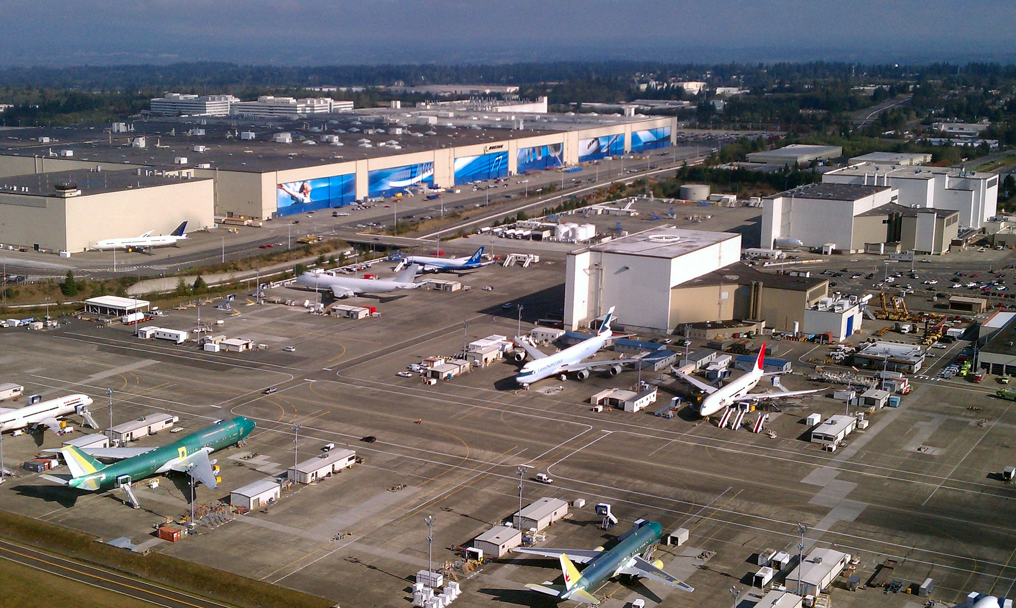 Boeing's widebody factory in Everett, Washington, shot from the air on October 15, 2011
