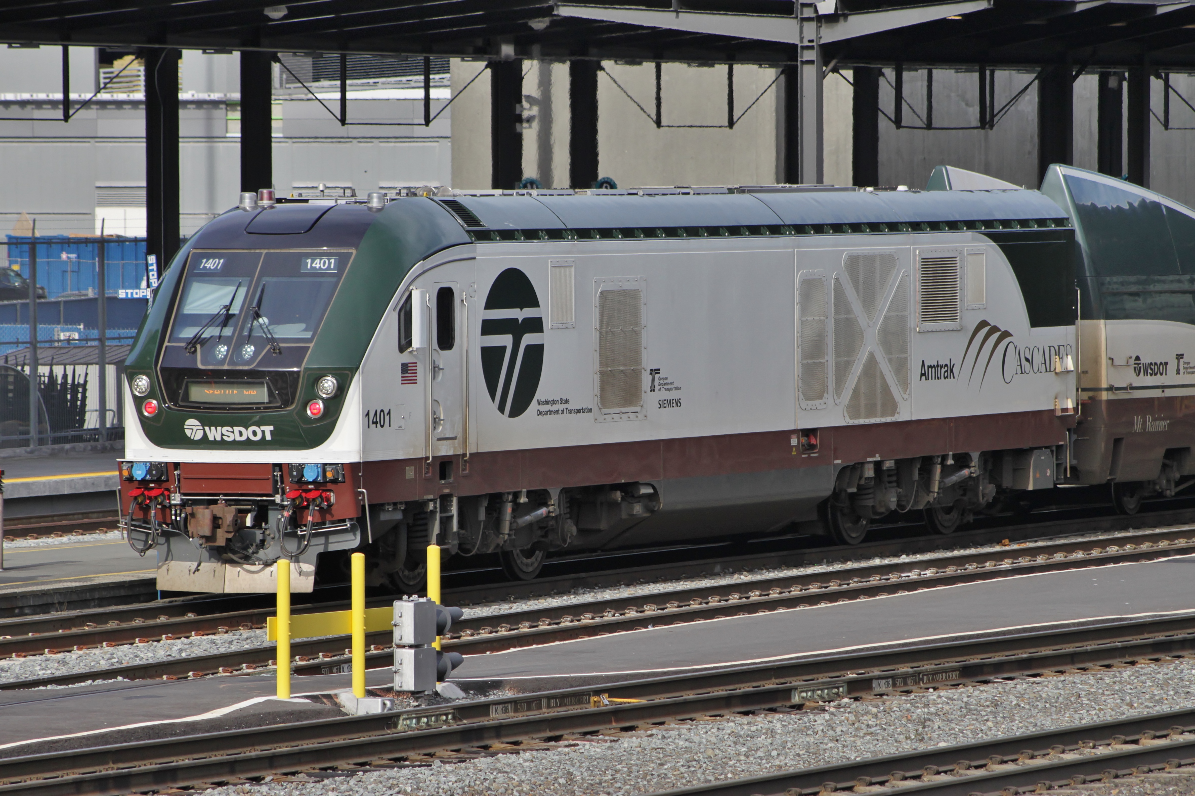 A Siemens Charger engine used for Amtrak Cascades, seen at King Street Station in Seattle, Washington.