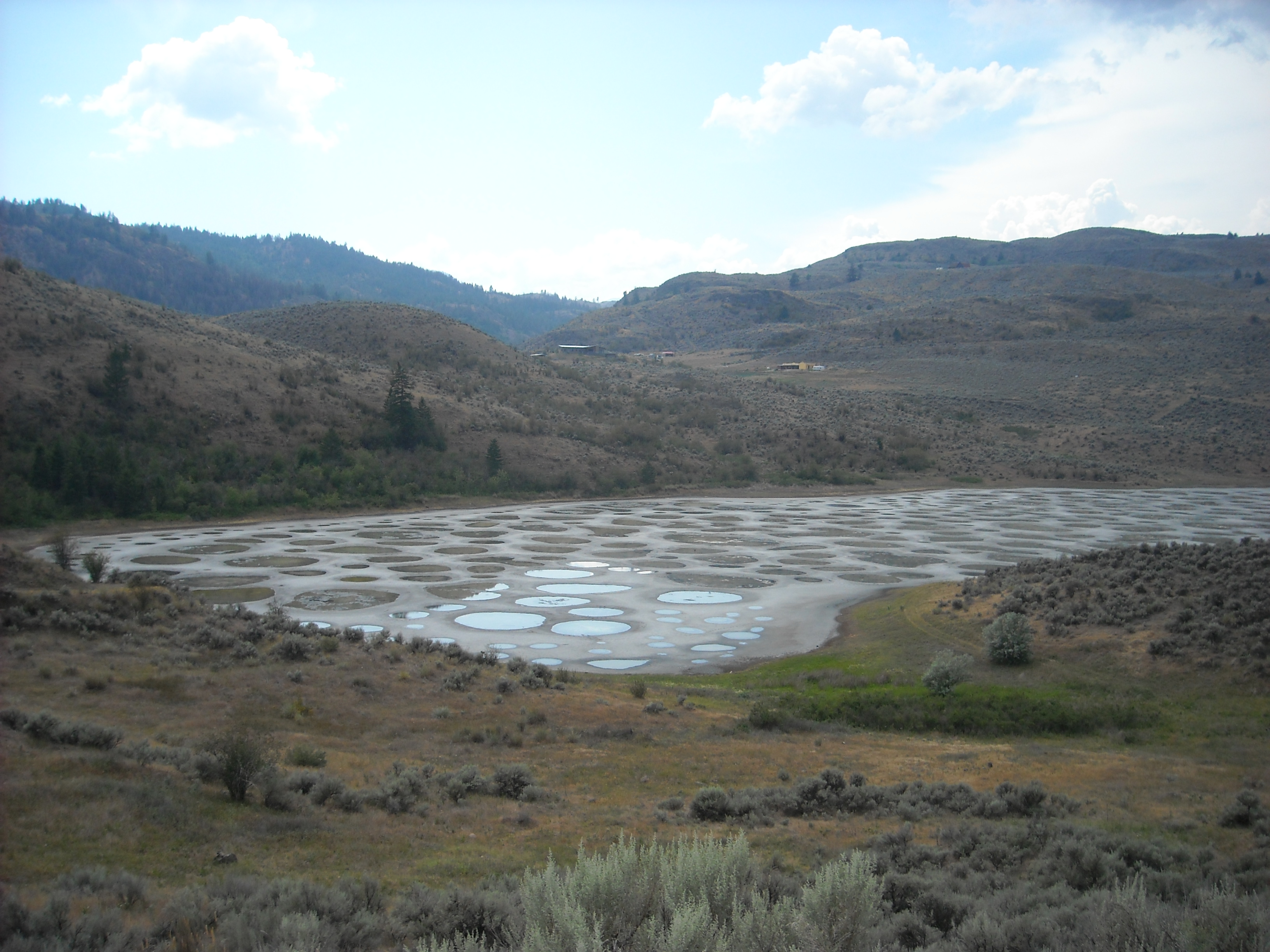 Spotted Lake from the shoulder of Highway 3. It is a saline endorheic alkali lake located northwest of Osoyoos in the eastern Similkameen Valley of British Columbia, Canada.