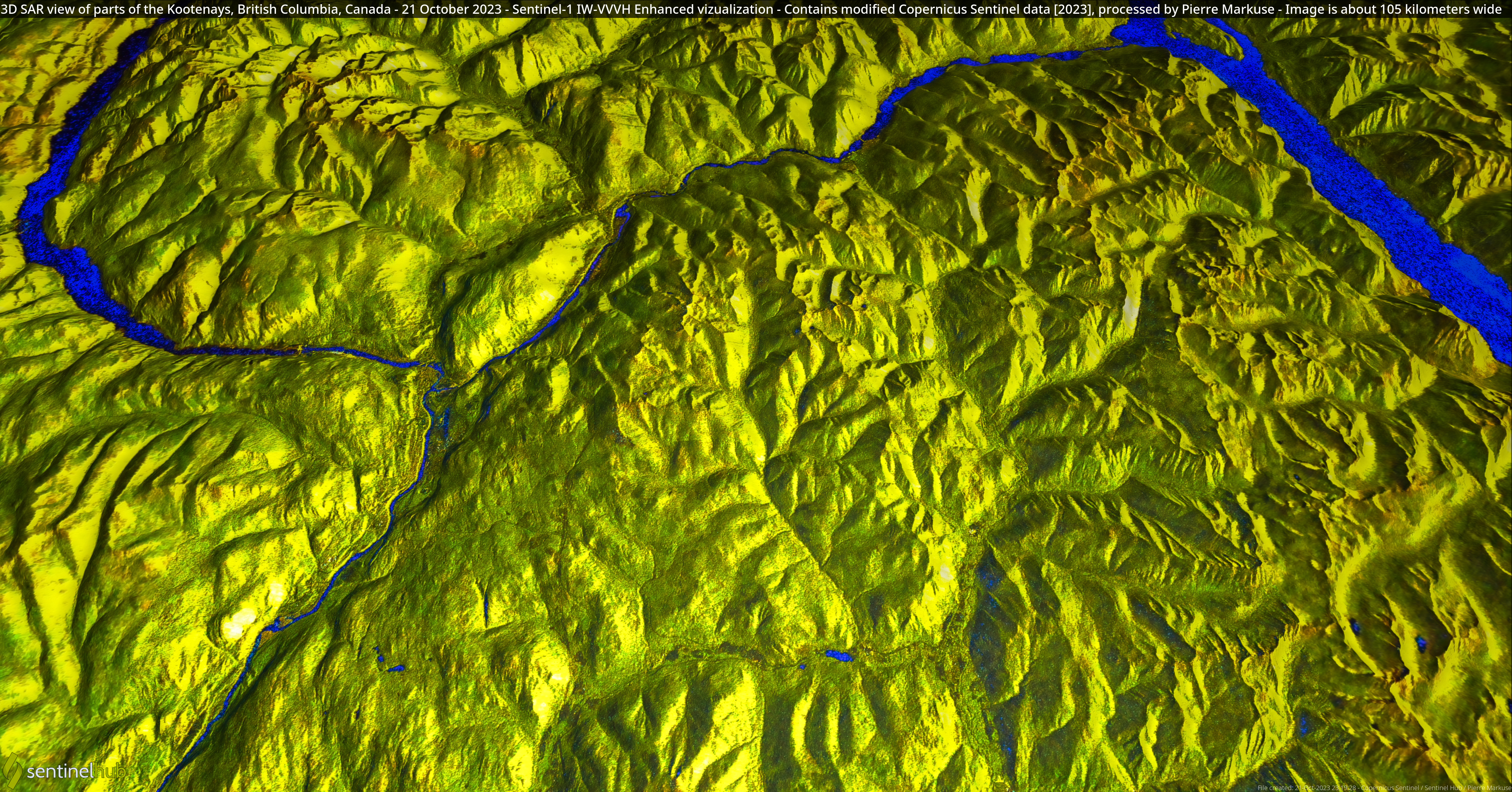 Contains modified Copernicus Sentinel data [2023], processed by Pierre Markuse
3D SAR view of parts of the Kootenays, British Columbia, Canada - 21 October 2023
Image is about 105 kilometers wide
Do you want to support this collection of satellite images? Any donation, no matter how small, would be appreciated. PayPal me!

Follow me on Twitter! and Mastodon!