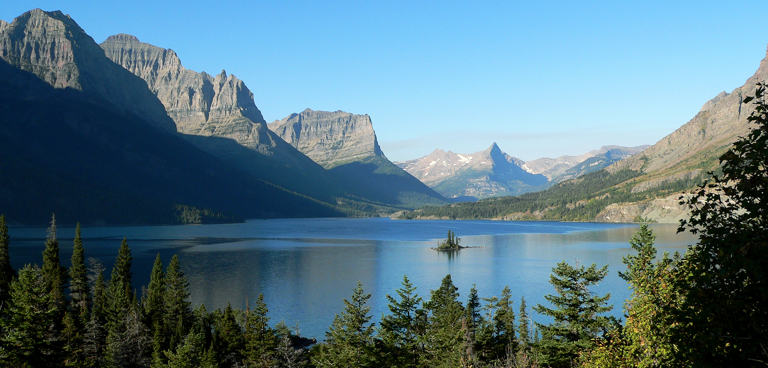 The upper end of St. Mary Lake and Wild Goose Island, Glacier National Park, Montana. Photo taken from Going-to-the-Sun Road