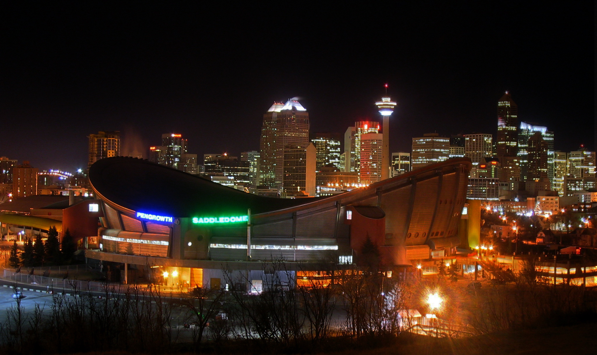 Pengrowth Saddledome & Skyline. The Pengrowth Saddledome at night with the Calgary skyline behind.