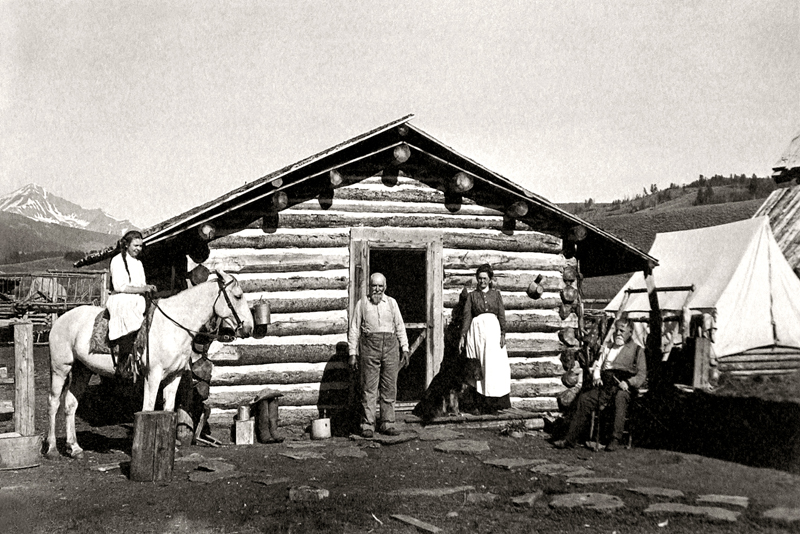 Lilian Crail on horseback, Frank and Sallie Crail, center, Abraham Creek (Sallie's father) right.