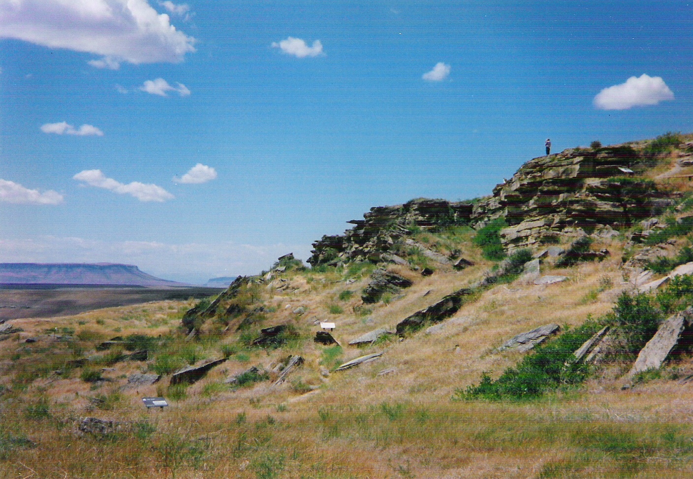 Bison (or buffalo) jump. Near Ulm, Montana.  Formerly called Ulm Pishkun, now called First People's Buffalo Jump.  Square Butte in background.