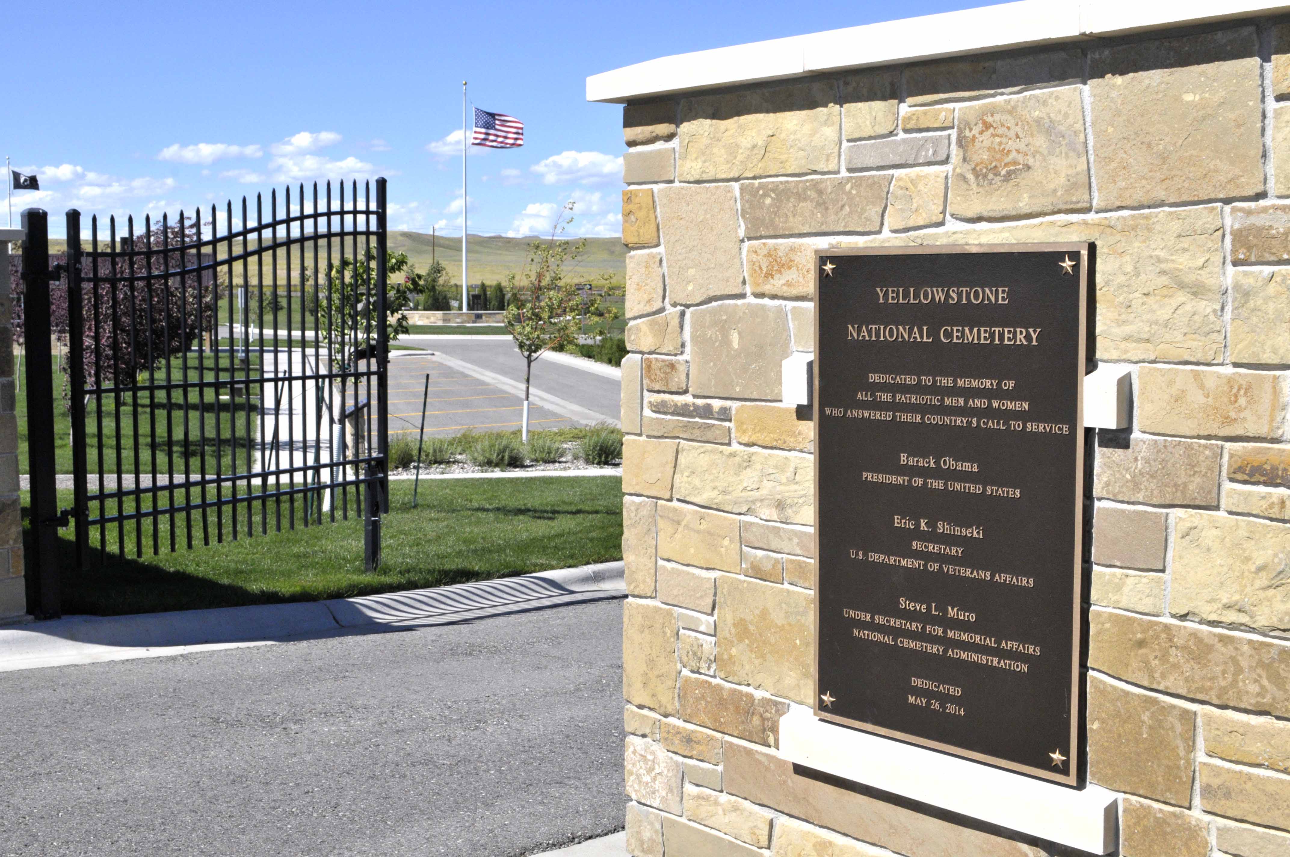 Front gate of Yellowstone National Cemetery, Laurel, Montana.  Looking toward main flag pole.