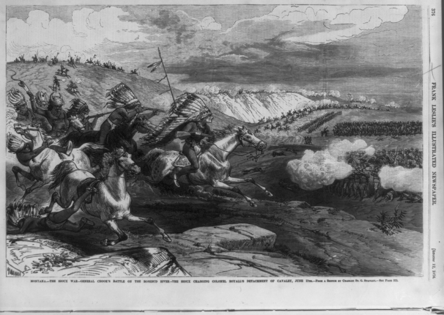 The Sioux charging Colonel Royall's detachment of Cavalry, June 17th: wood engraving in Frank Leslie's Illustrated Newspaper, 1876 Aug. 12., p. 376.