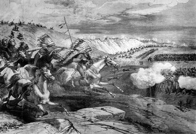 Title: The Sioux war General Crook's battle on the Rosebud River- The Sioux charging Colonel Royall's detachment of cavalry, June 17th. 
Caption: Native American (Sioux) men on horseback charge a cavalry detachment in Montana, part of General Crook's Expedition. The Sioux men hold rifles and wear feather headdresses. 

Source: Frank Leslie's Illustrated Newspaper 8-12-[18]76, p 376.