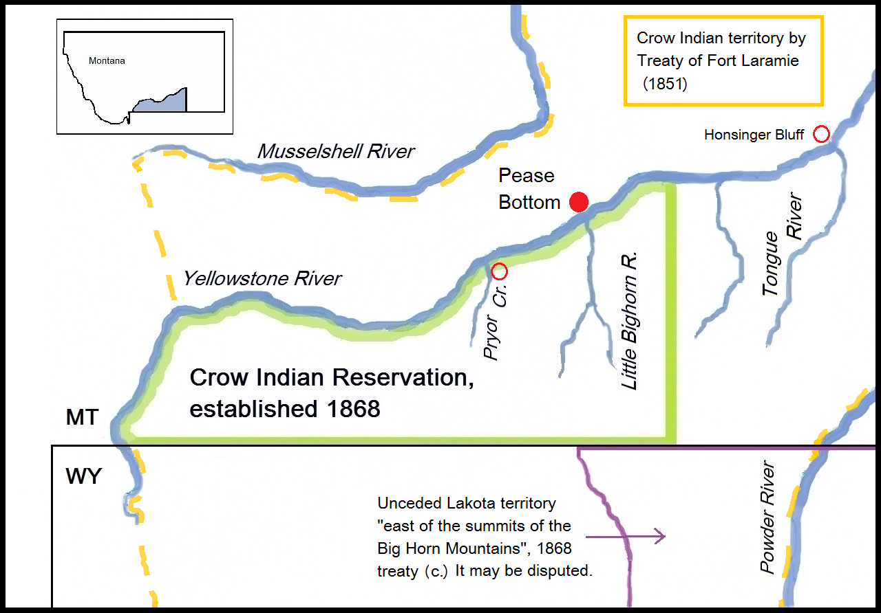 Map with the battlefield of Pease Bottom (1873), Montana, and relevant Indian territories.