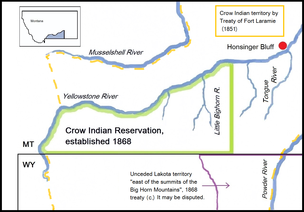 Map with the Battlefield of Honsinger Bluff (1873) in Montana and relevant Indian territories.