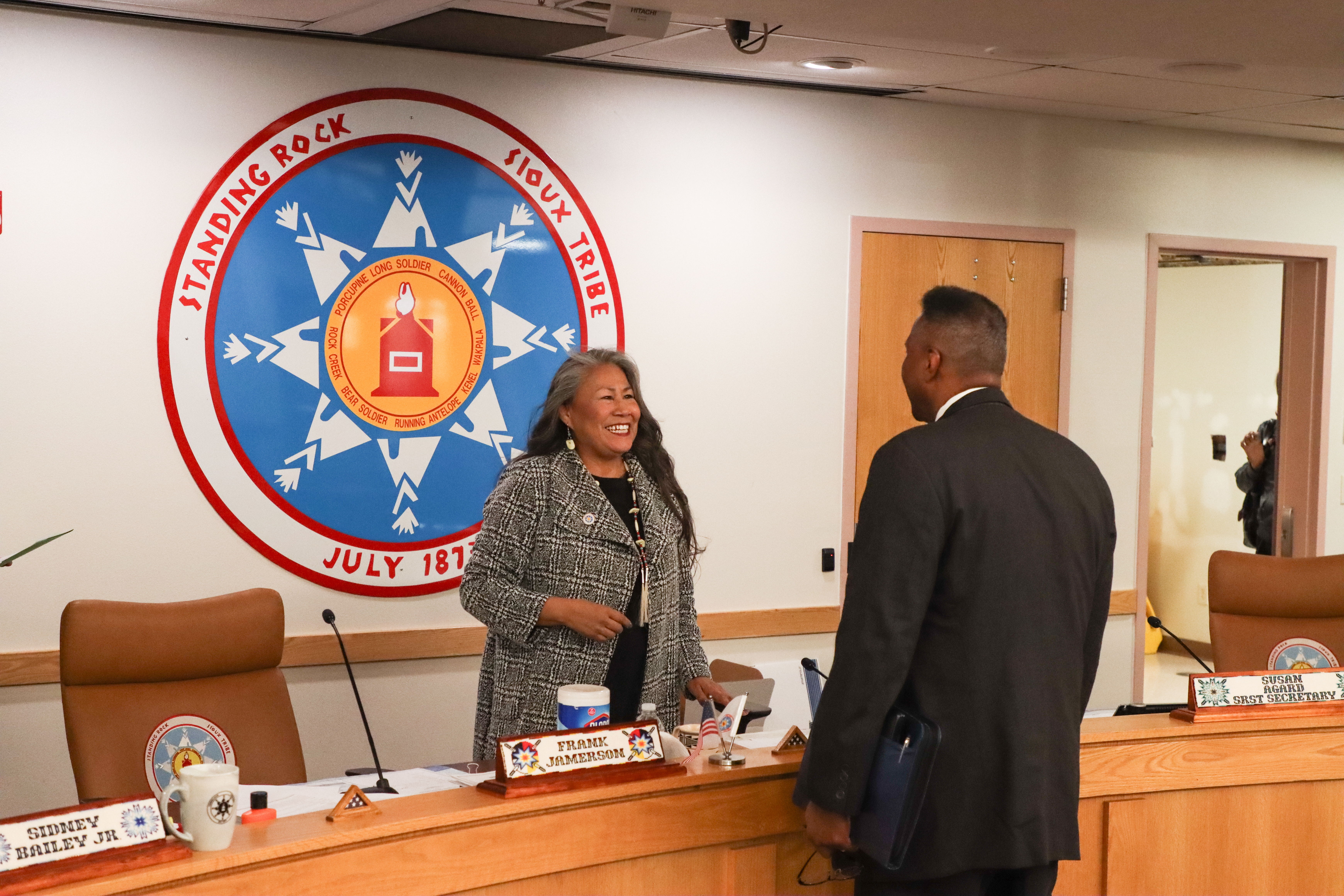 U.S. Department of Agriculture (USDA) Rural Development (RD) Under Secretary Dr. Basil Gooden speaks with Chairwoman Janet Alkire of the Standing Rock Sioux Tribe prior to a $22M ReConnect announcement for Standing Rock Telecommunications, Fort Yates, ND, on Oct. 17, 2024. This will bring high-speed internet to underserved areas of the reservation. For more information about ReConnect, visit www.usda.gov/reconnect. (USDA Media by Christopher Freeman)