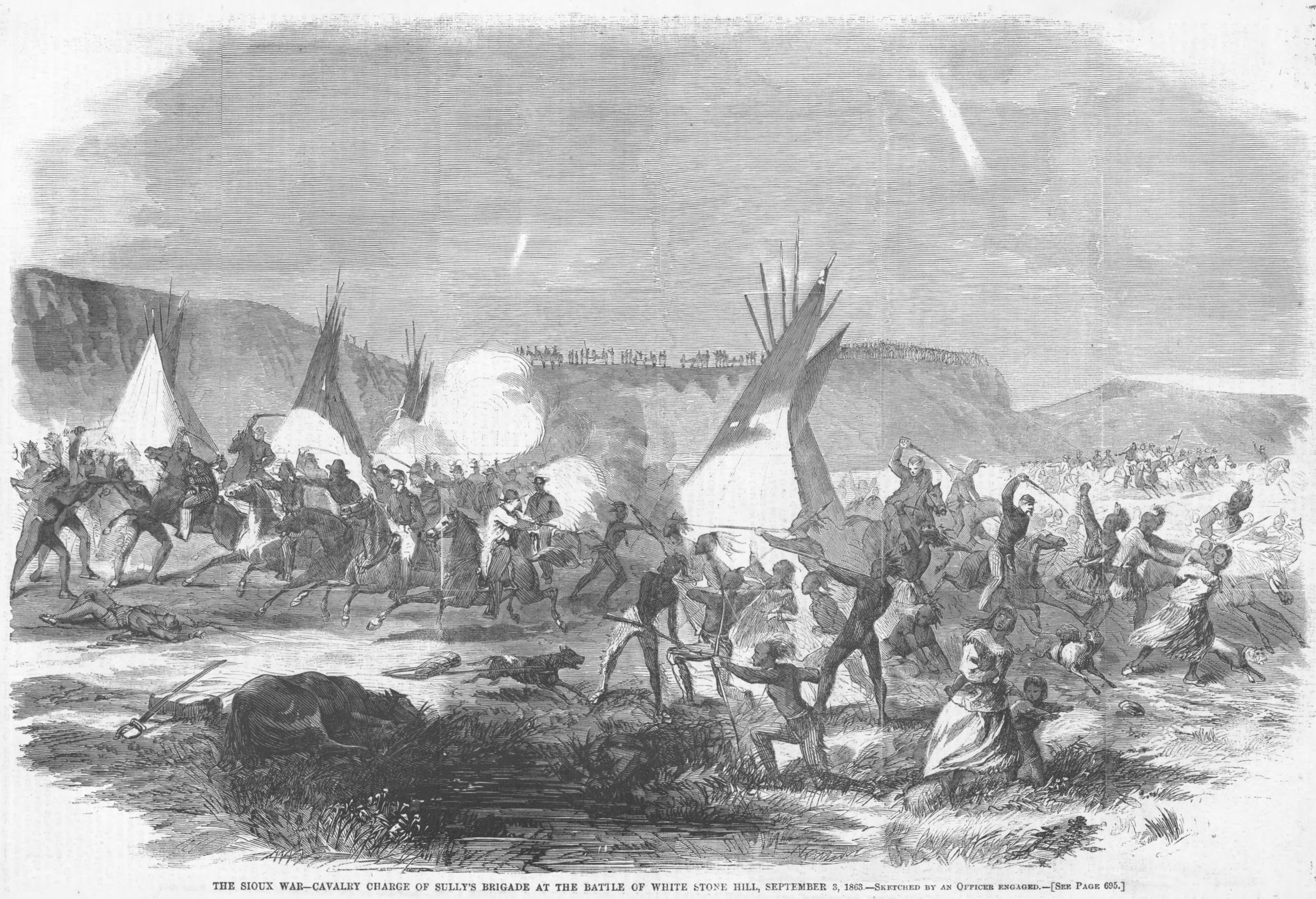 A Native American (Sioux) camp is being invaded by Sully's brigade during the Dakota Wars at the Battle of White Stone Hill, North Dakota, September 3, 1863.