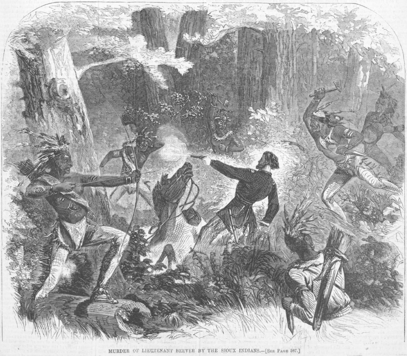An artist's depiction of the death of Lt. Beever in the Battle of Stony Lake, July 1863