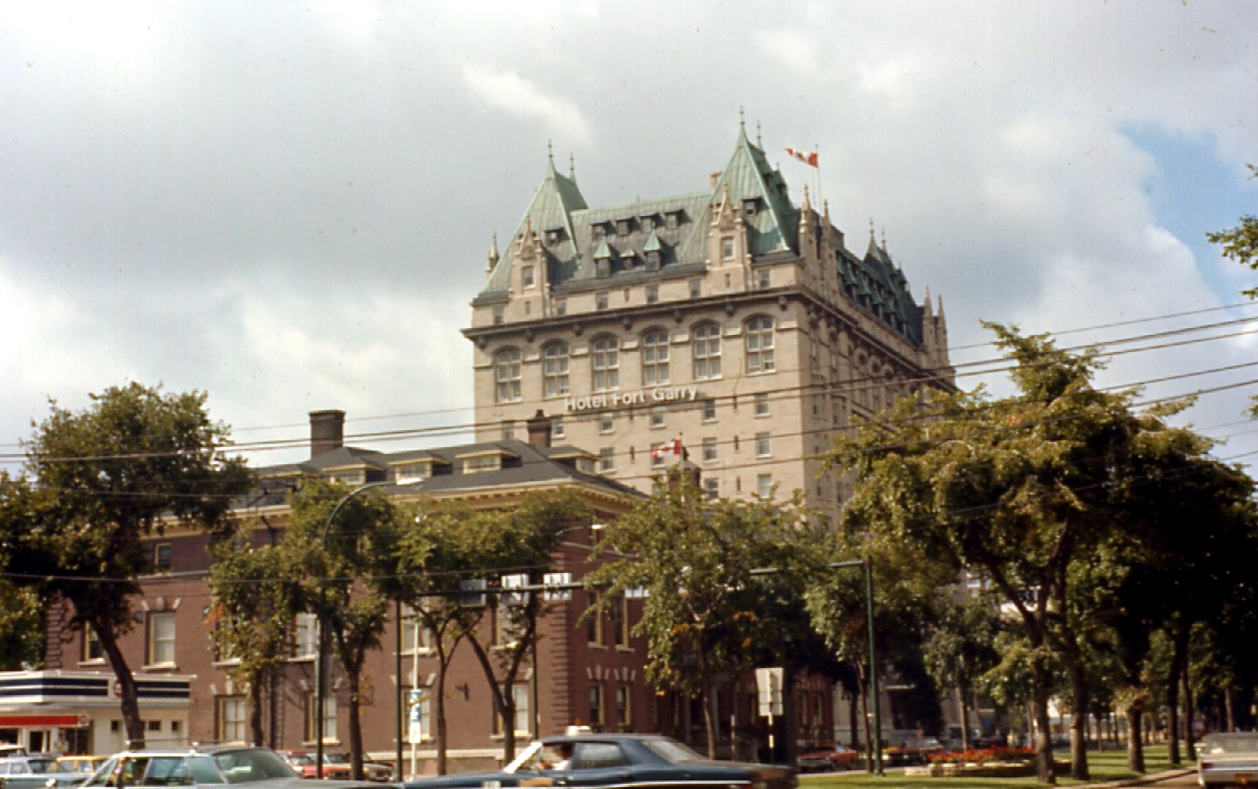Cross-Canada train trip on the "Canadian" in 1970. Hotel Fort Gary, the CN railway hotel opposite the railway station in Winnipeg, Manitoba, Canada.