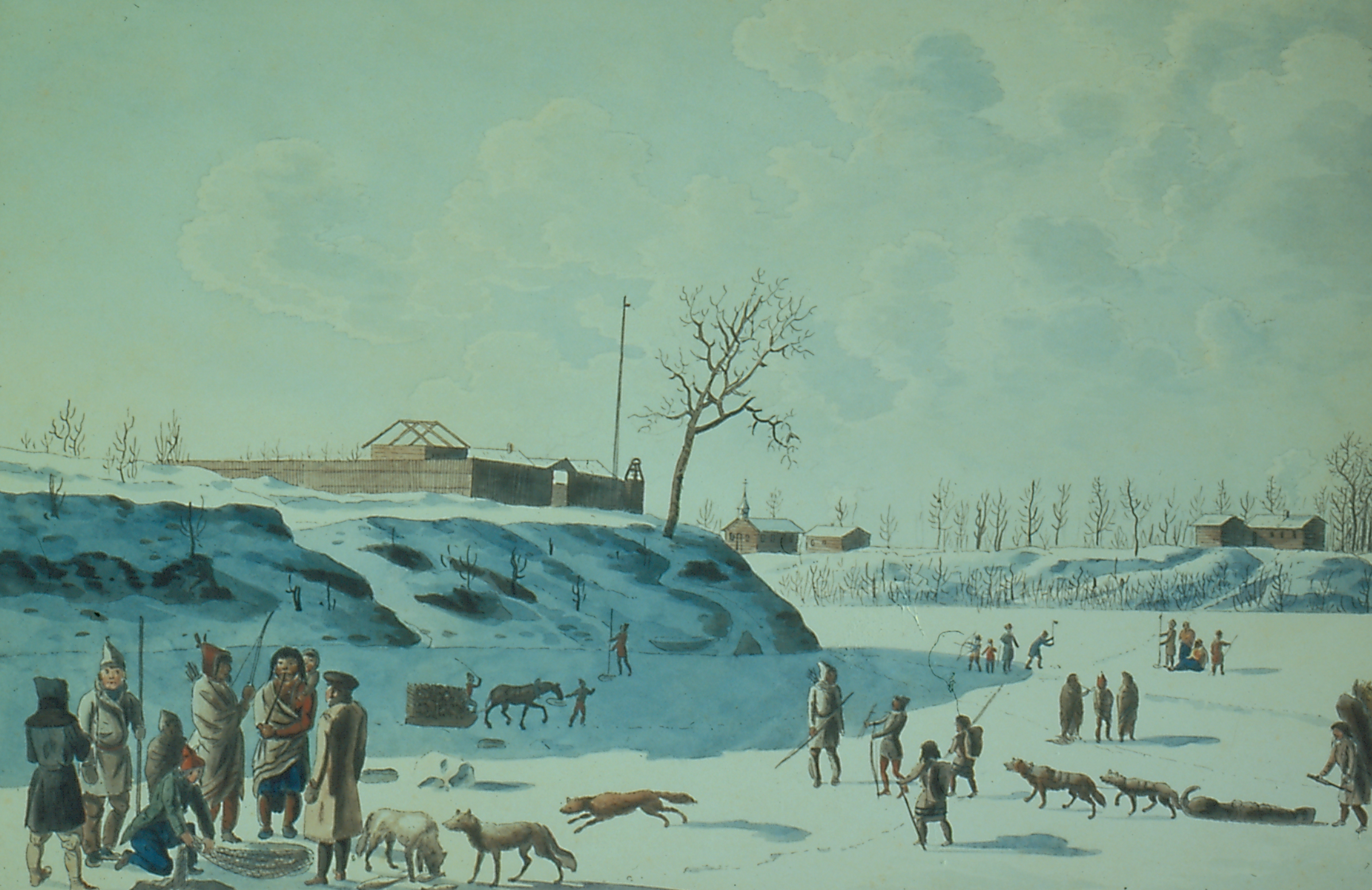 Rindisbacher, Winter Fishing on the Ice of the Assynoibain and Red River, watercolour, 1821. (Note: Peter Rindisbacher's watercolour appears to show Fort Garry (Fort Gibraltar) and an early St. Boniface church at the forks of the frozen Red and Assiniboine rivers)
