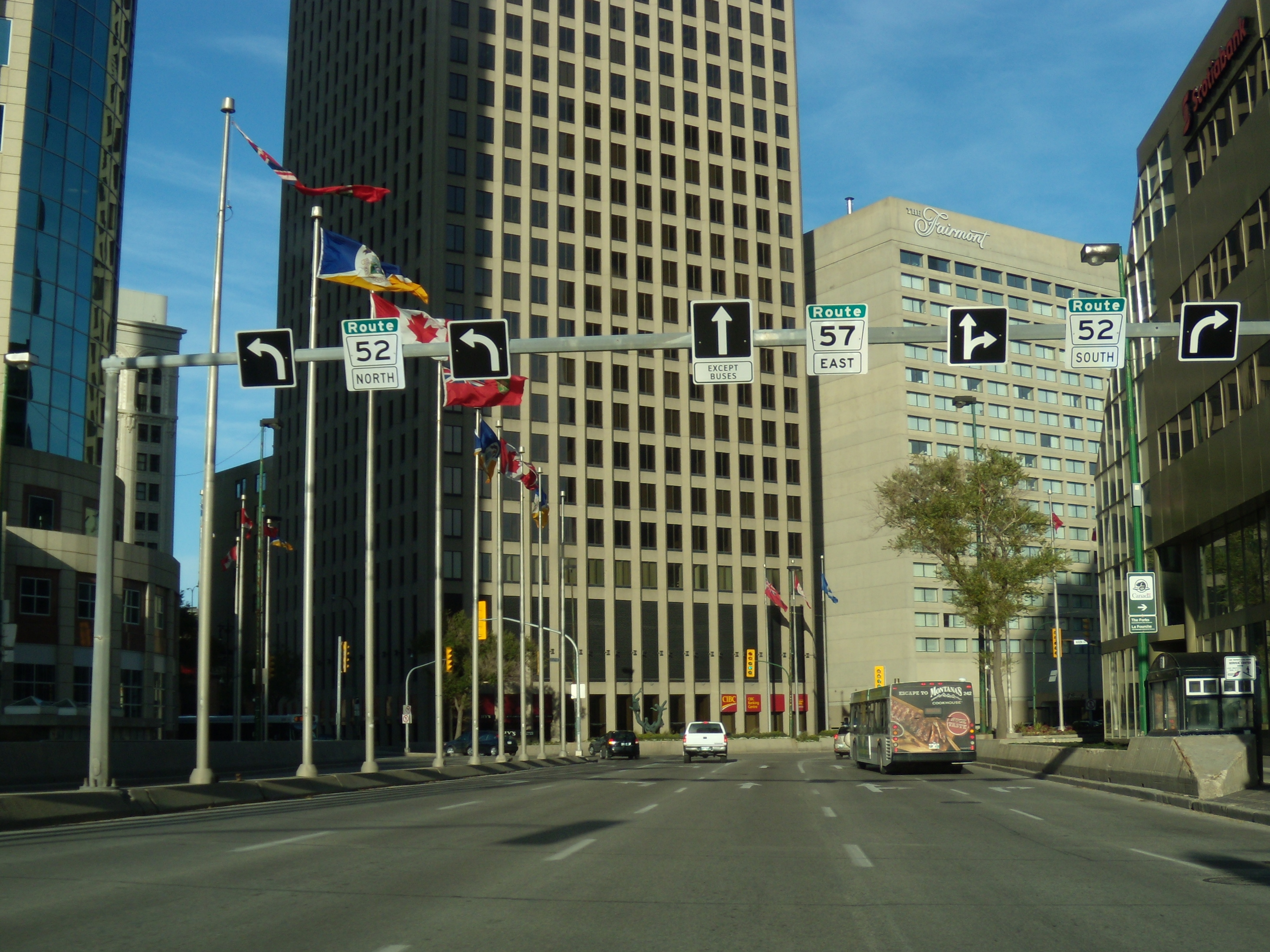 Winnipeg's intersection of Portage and Main as seen from Portage Ave Eastbound including lane signage